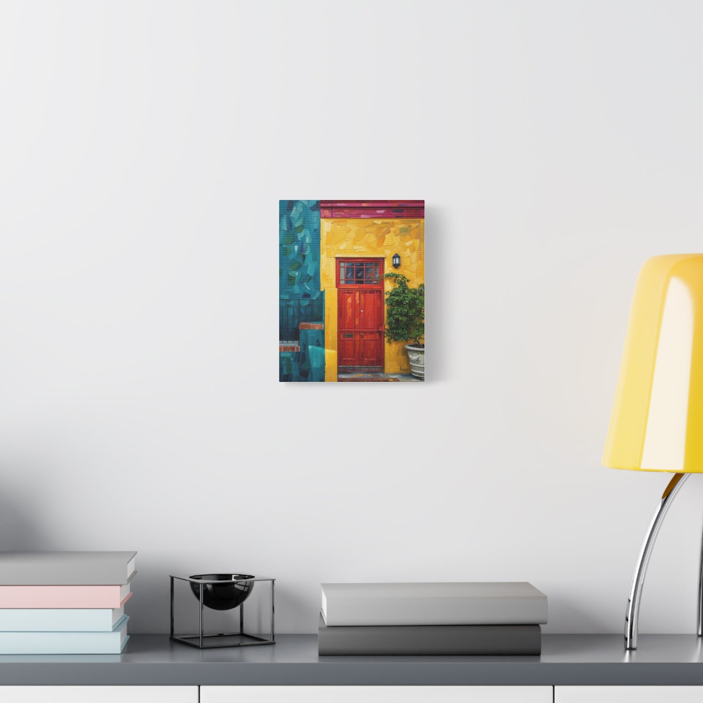 Colorful Doorway Canvas Wall Art — Vibrant Yellow & Teal Street Scene, Matte Stretched Print