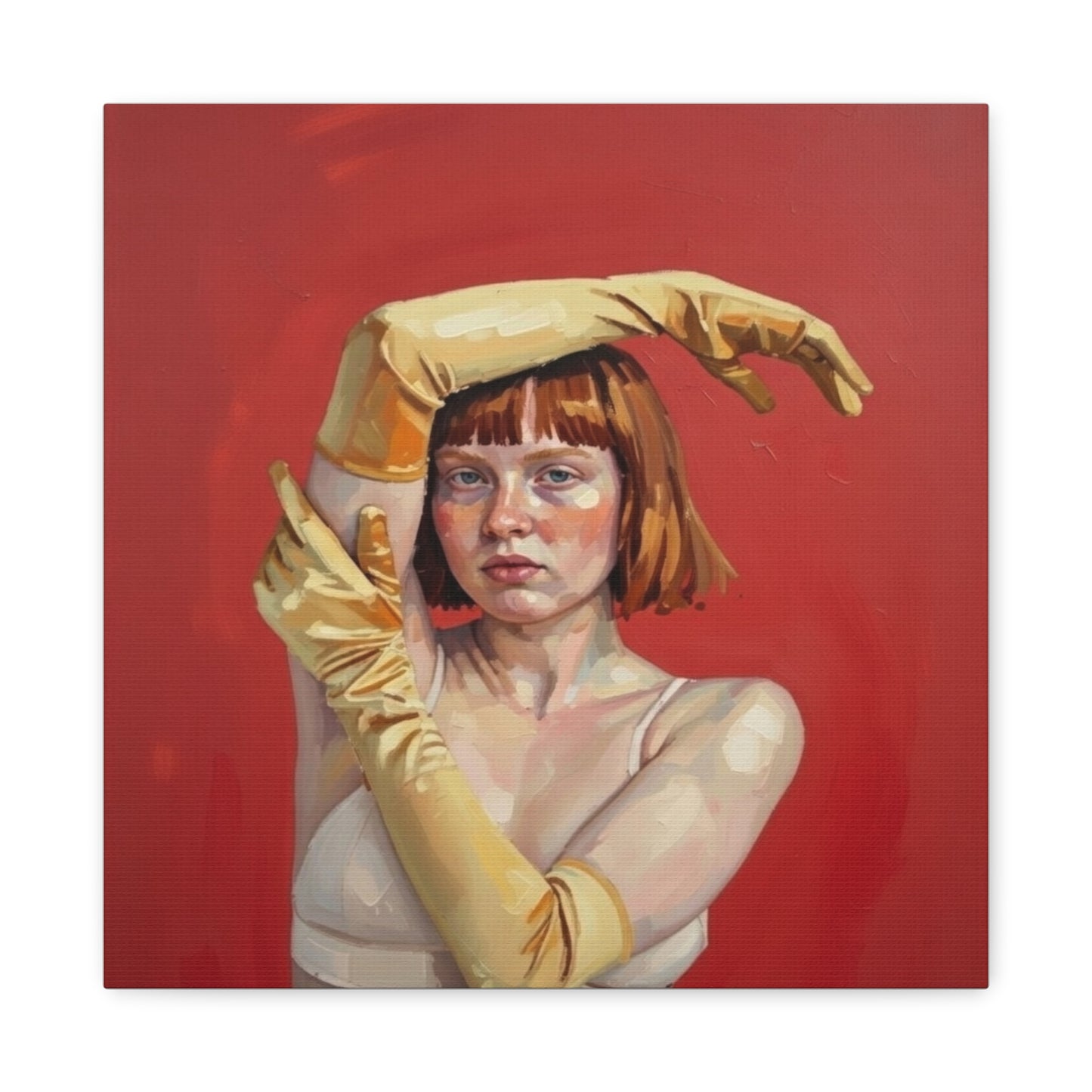 Figurative Portrait Canvas — Woman with Yellow Gloves on Red Background