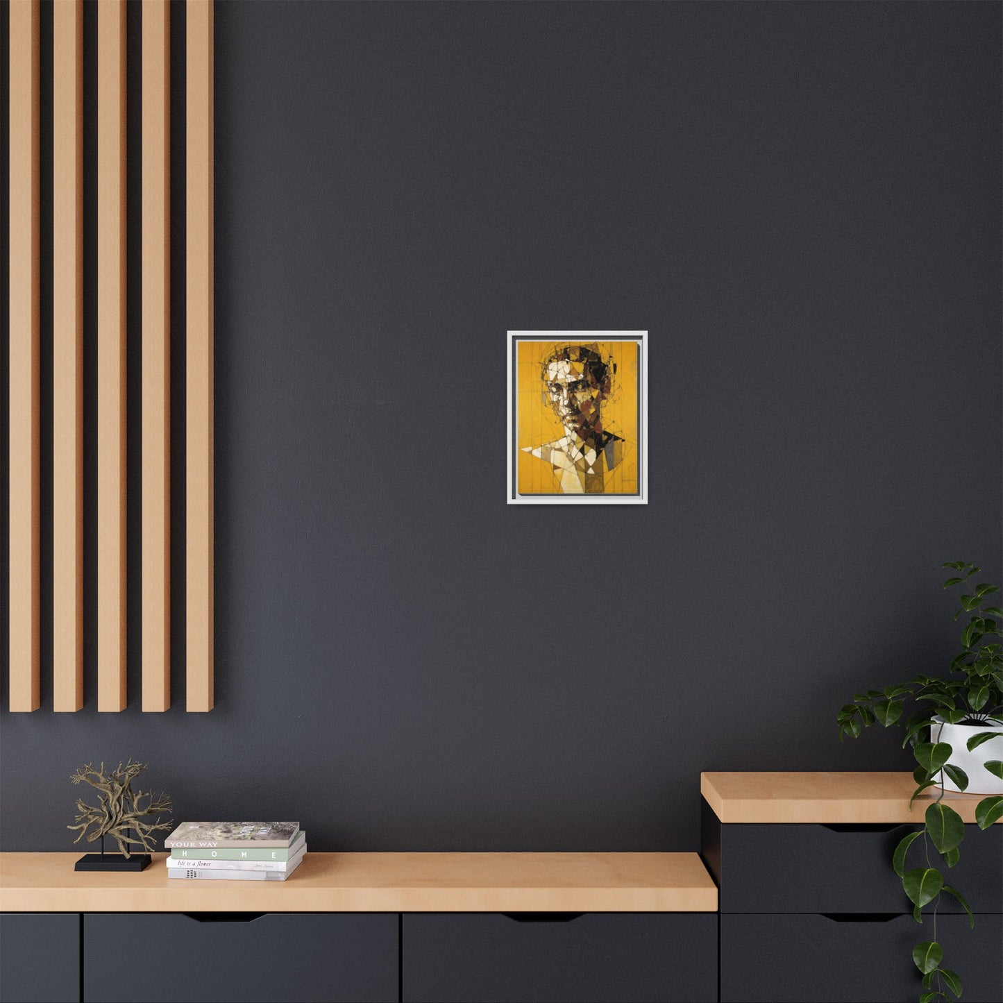 Framed Matte Canvas Art - Abstract Geometric Portrait on Mustard Yellow