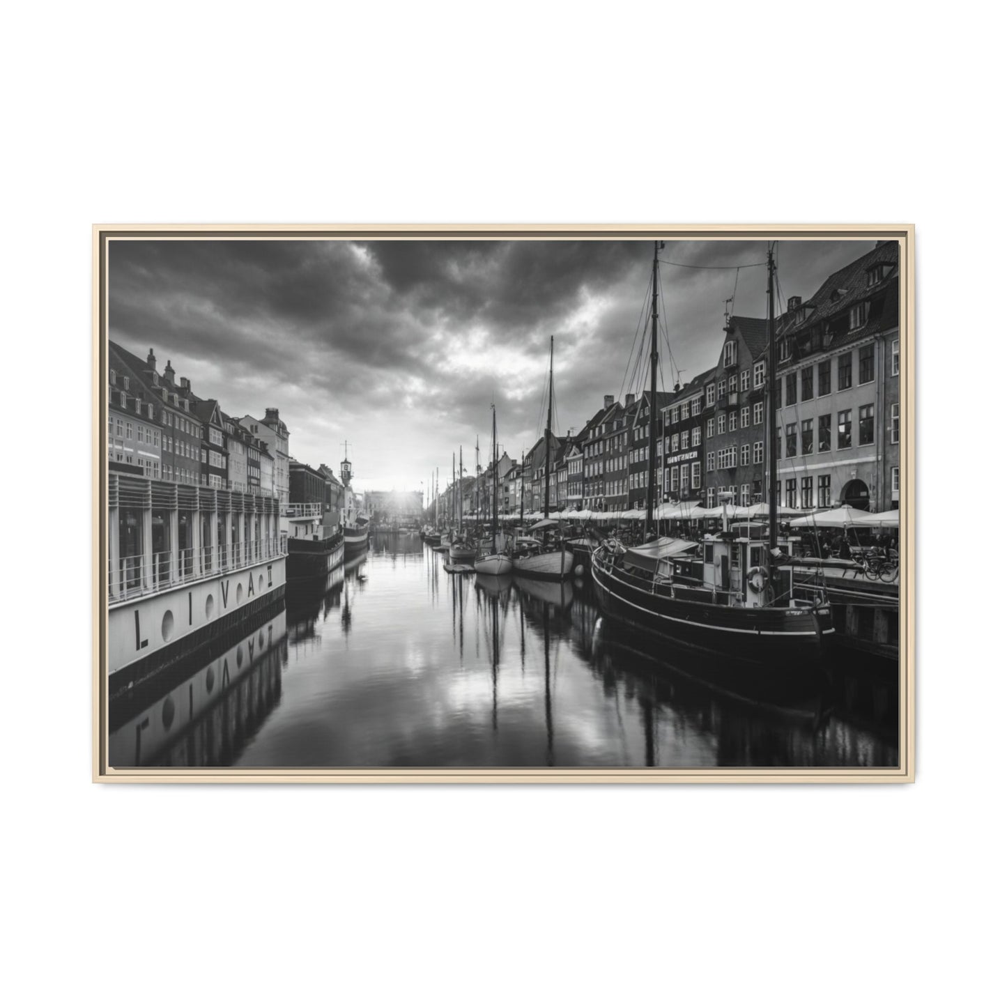 Framed Matte Canvas: Black & White Dutch Canal Photography Wall Art