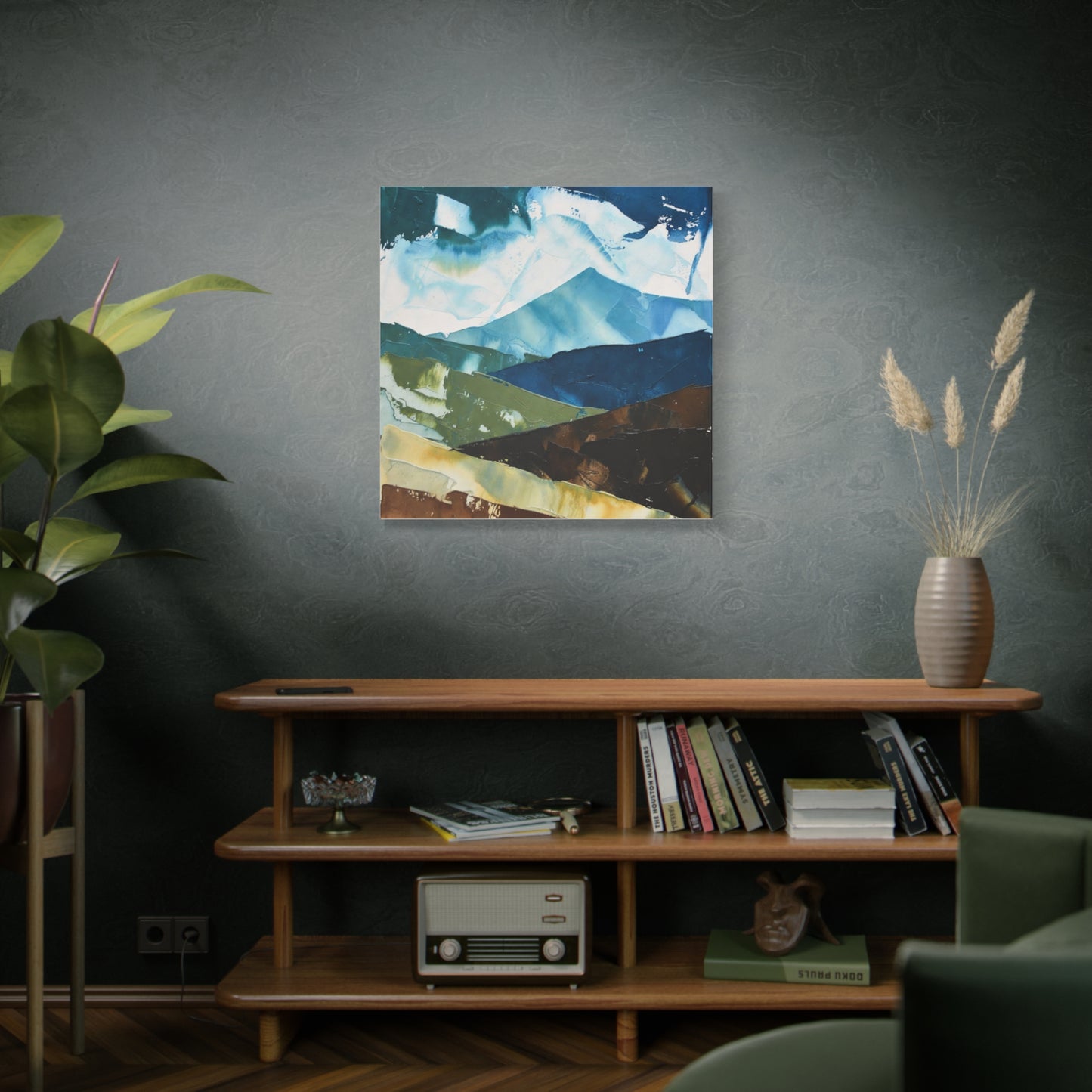 Abstract Mountain Landscape Matte Canvas Wall Art — Blue & Earth Tone Stretched Canvas