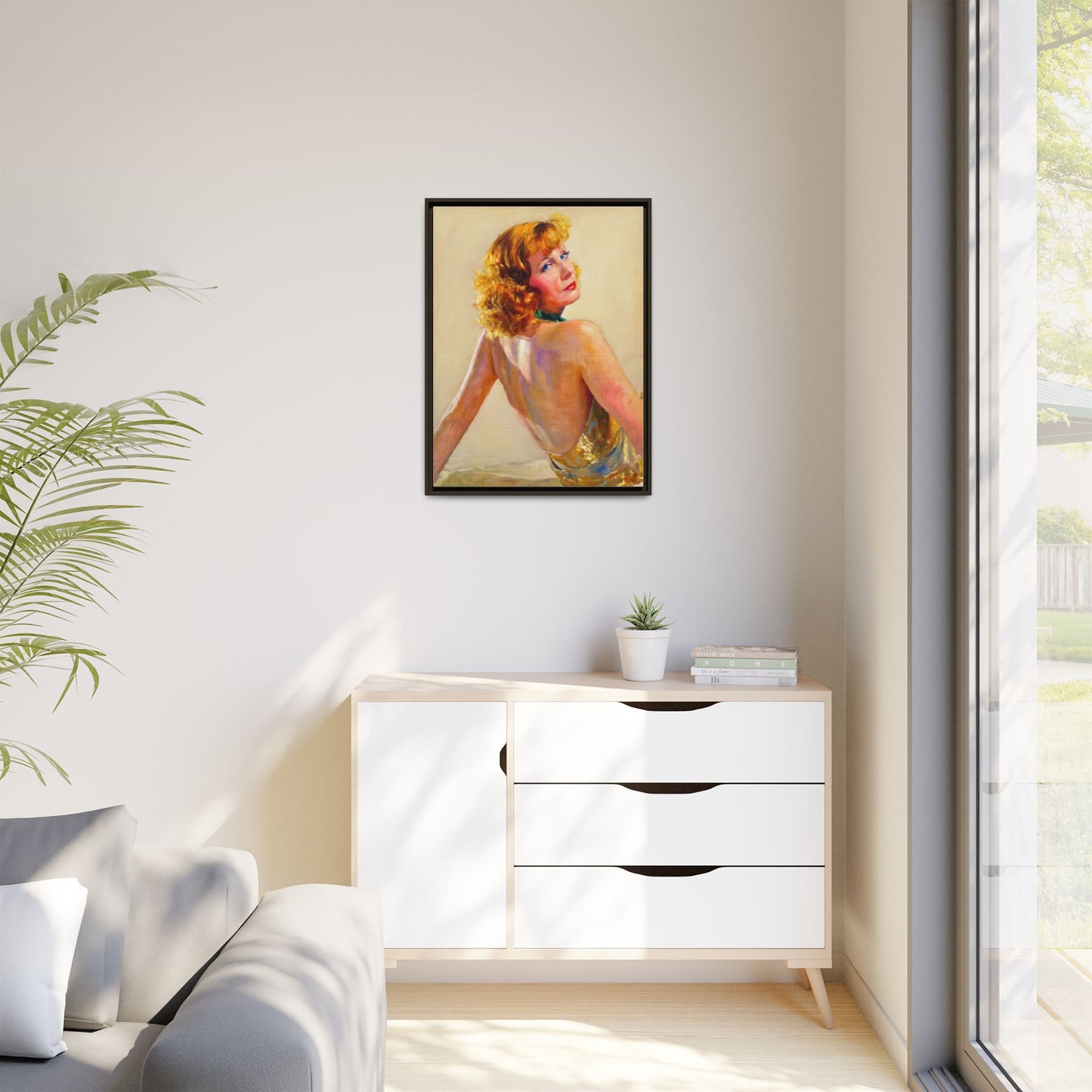 Framed Matte Canvas Print — Vintage Portrait of Redhead Greta Garbo in Gold Dress