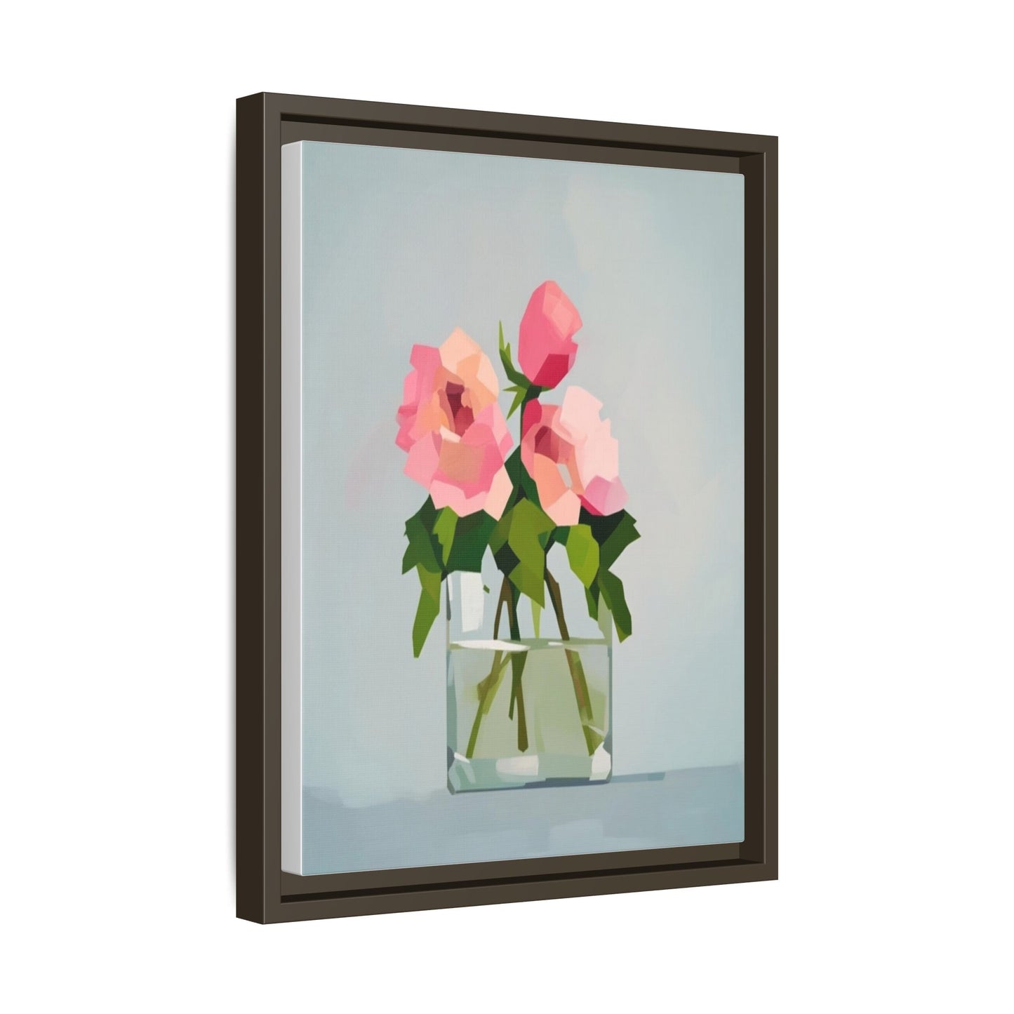 Framed Floral Canvas Print — Pink Roses in Glass Vase (Matte)