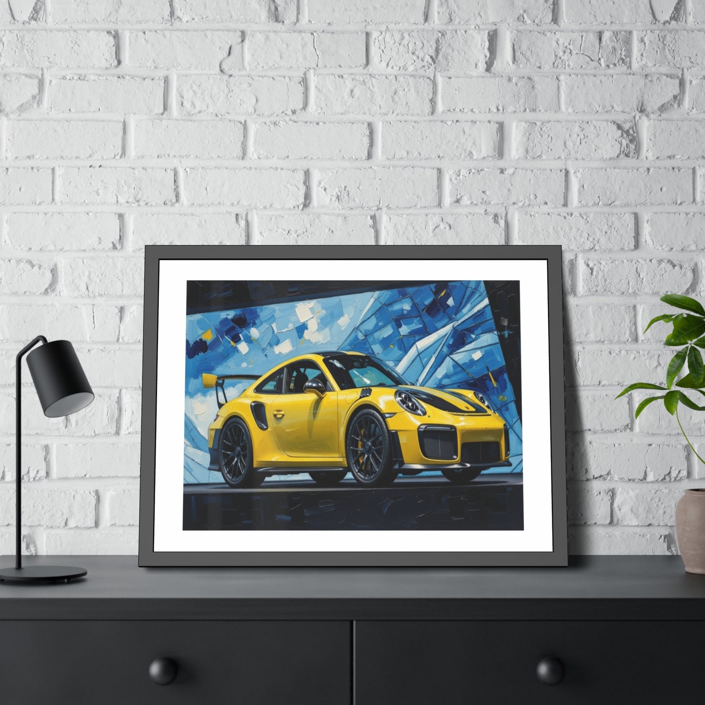 Framed Poster - Yellow Porsche Sports Car Art Print (Modern Automotive Wall Decor)