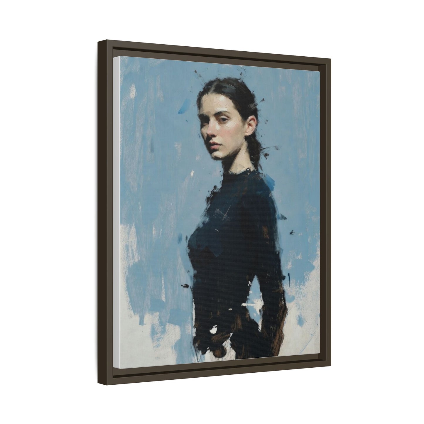 Framed Matte Canvas Portrait Print — Elegant Blue Woman Art