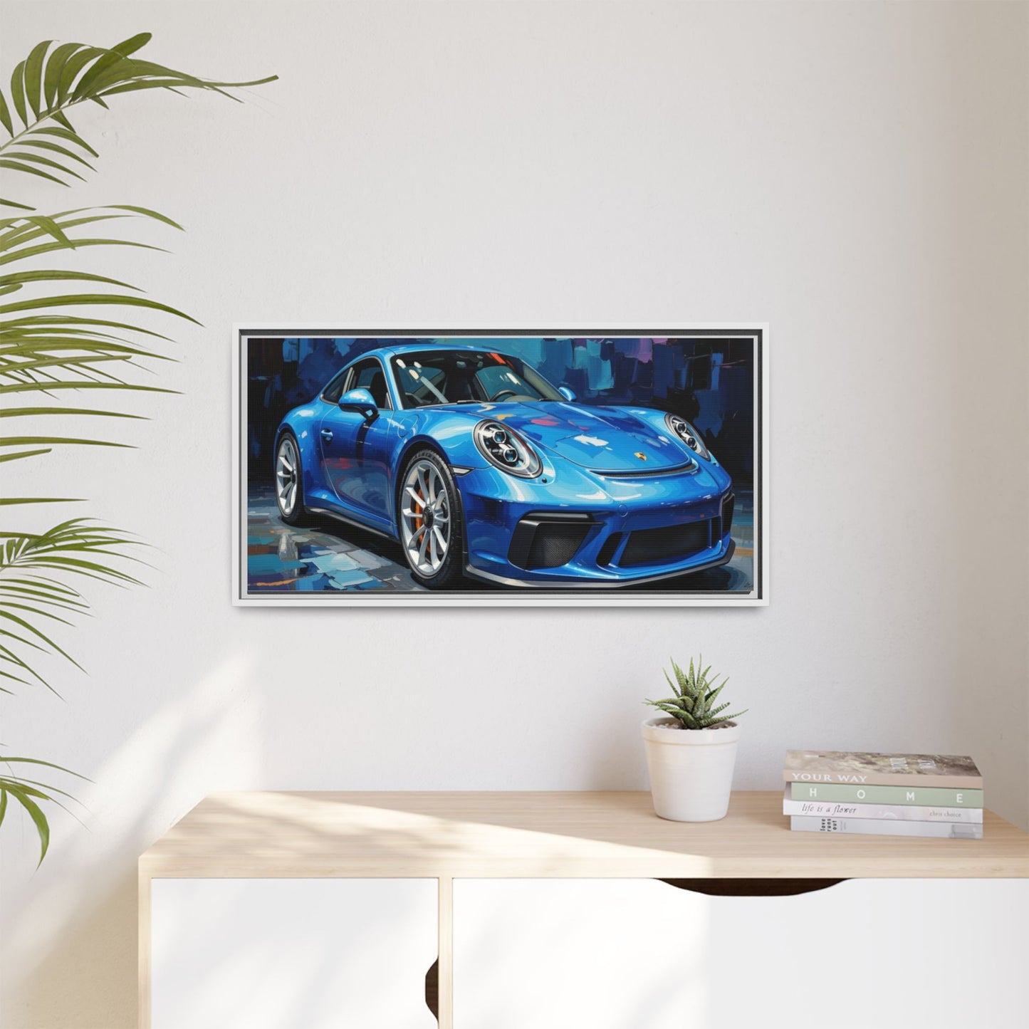 Blue Sports Car Matte Canvas Framed Print — Modern Automotive Wall Art