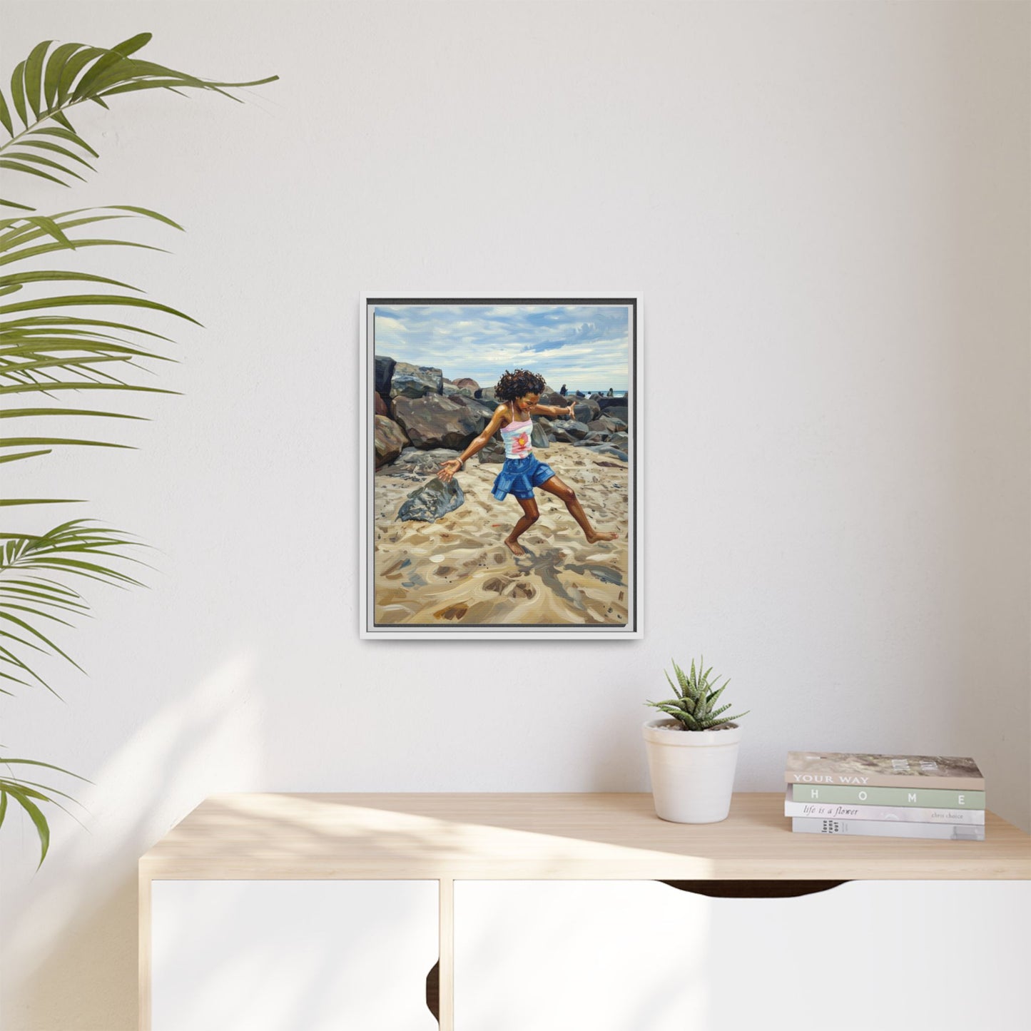 Framed Canvas Art - Girl Dancing on the Beach (Matte Multi-Color)