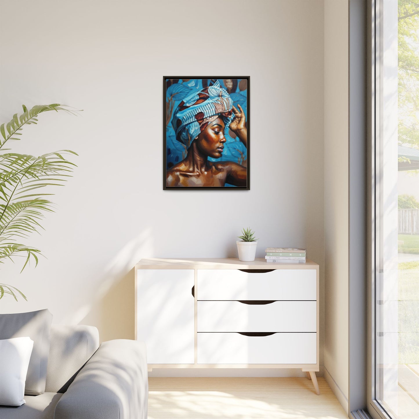 Framed Canvas Art — Portrait of Woman in Blue Headwrap