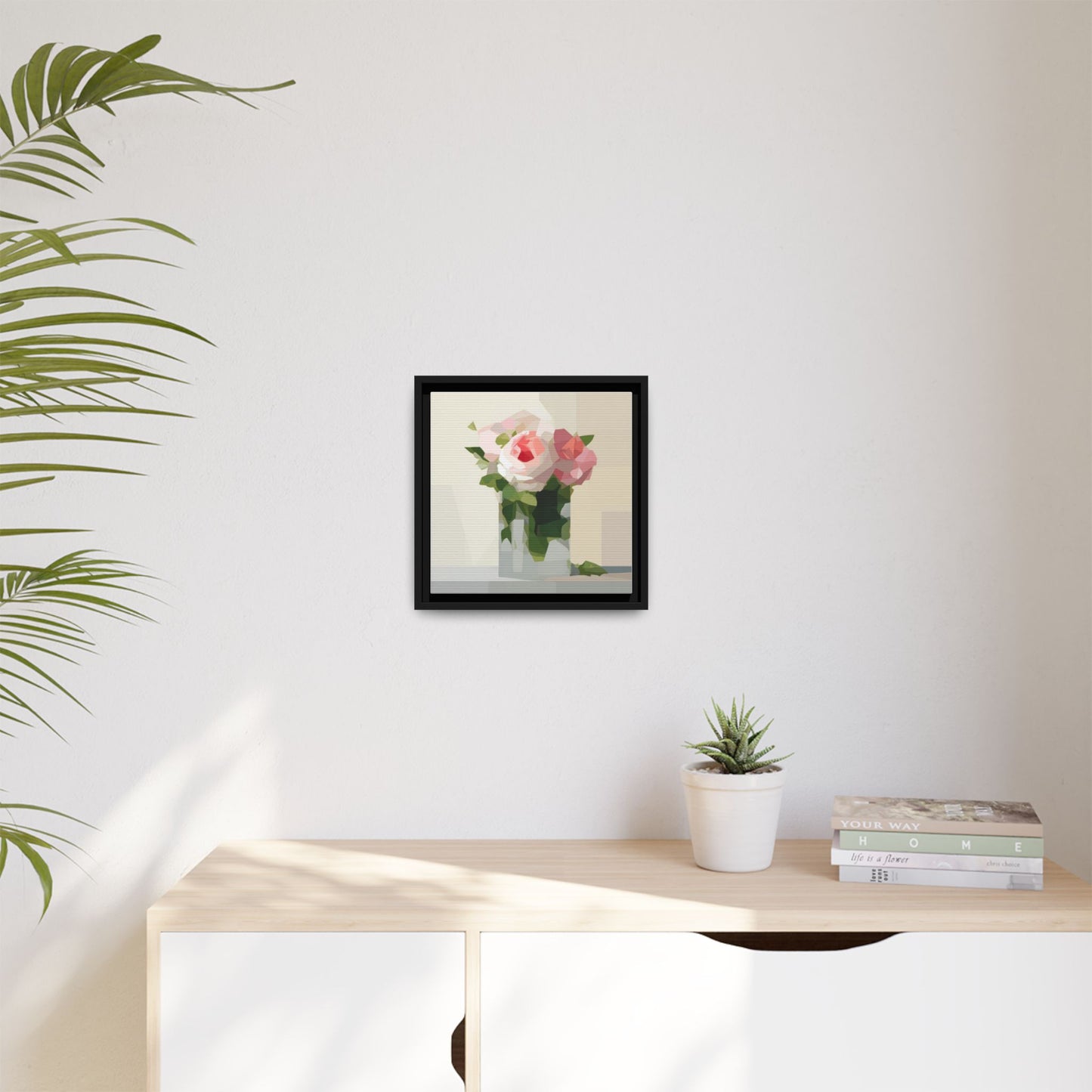 Framed Floral Canvas Print — Geometric Pink Rose Wall Art