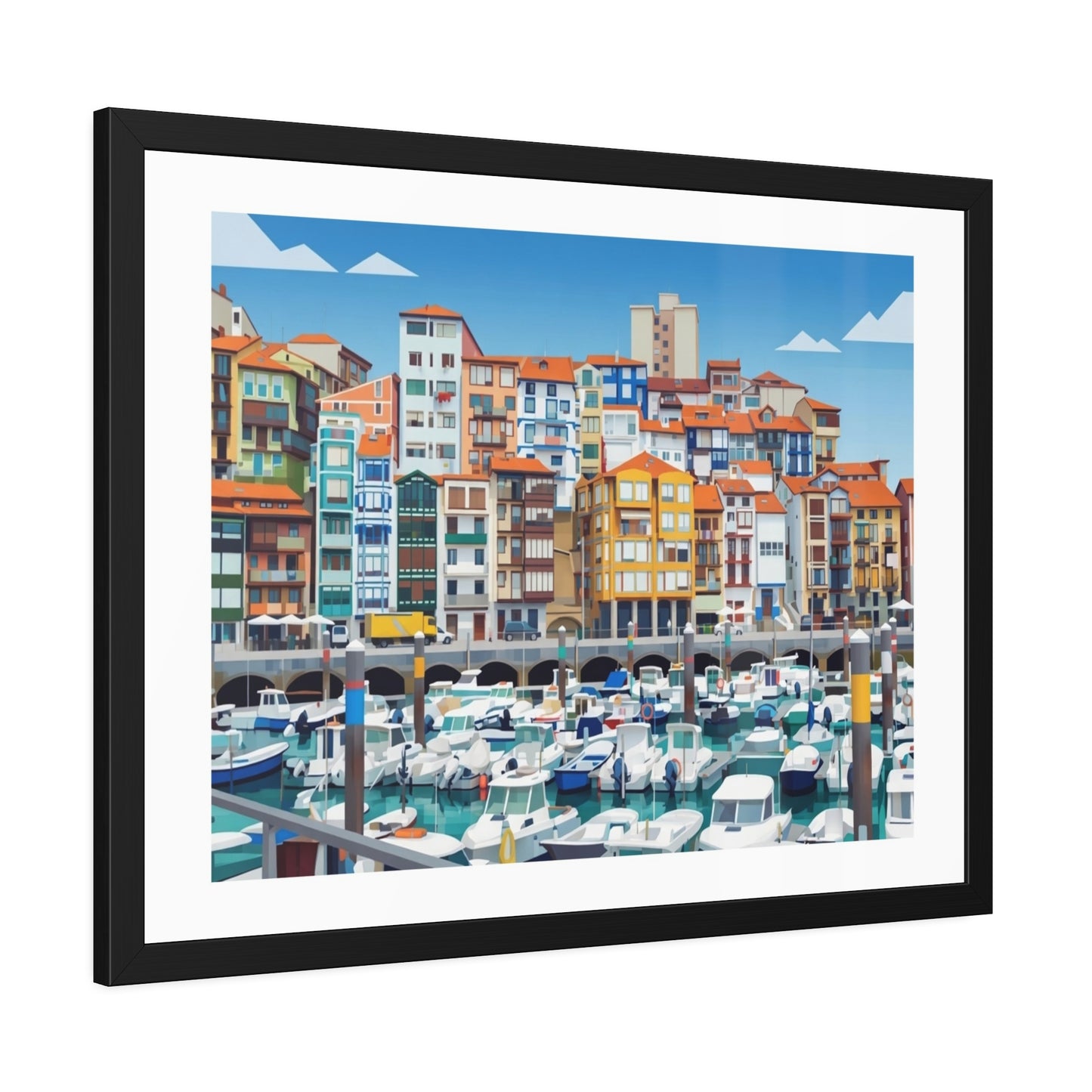 Harbor Marina Framed Poster — Colorful Coastal Cityscape Wall Art