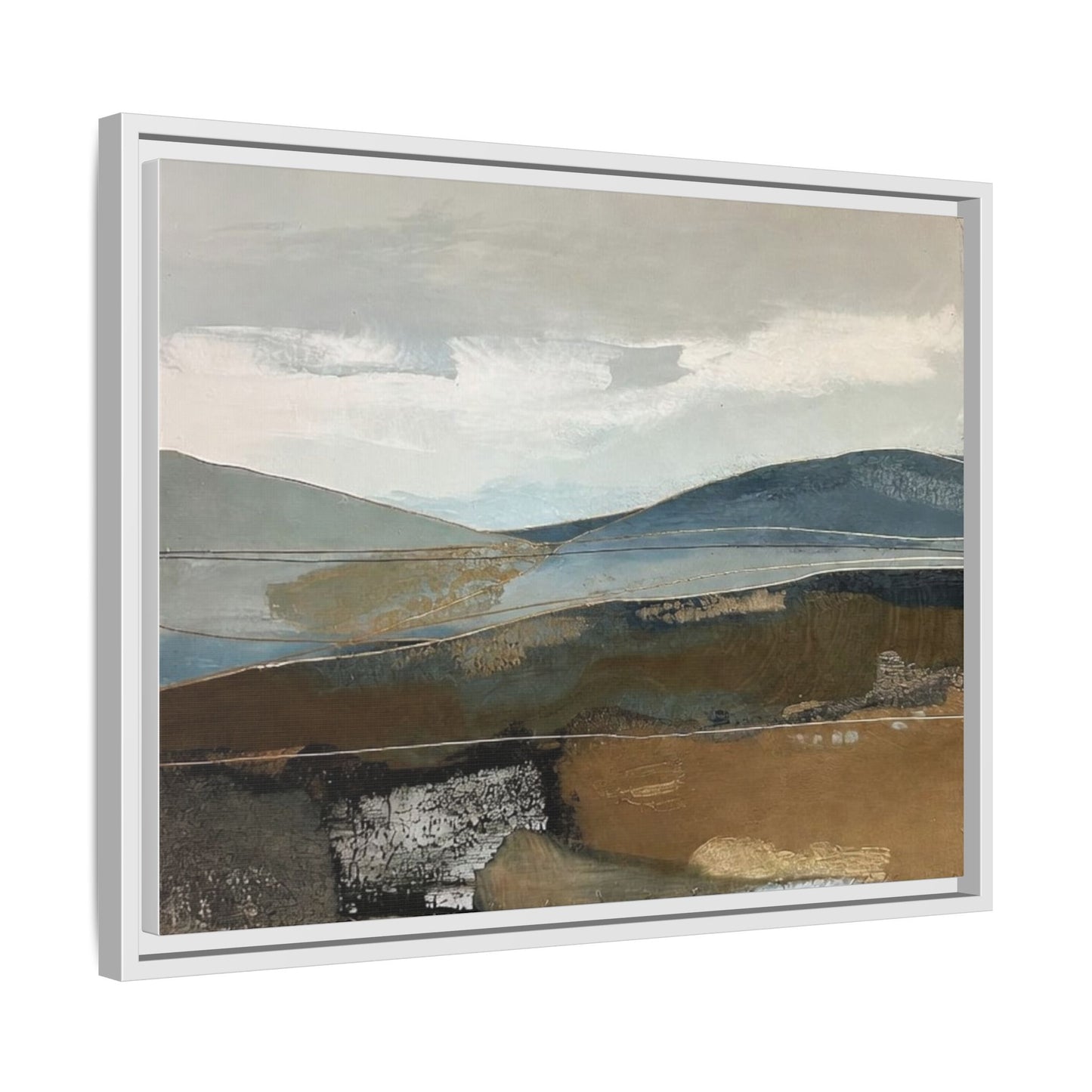 Framed Matte Canvas Landscape Art - Serene Abstract Hills in Blue & Earth Tones