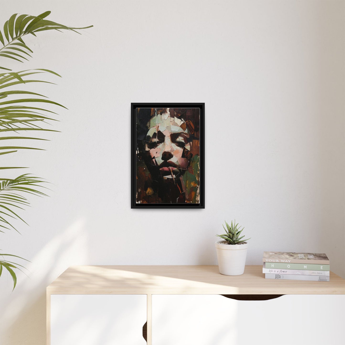 Matte Framed Canvas Art — Abstract Female Portrait, Moody Multicolor