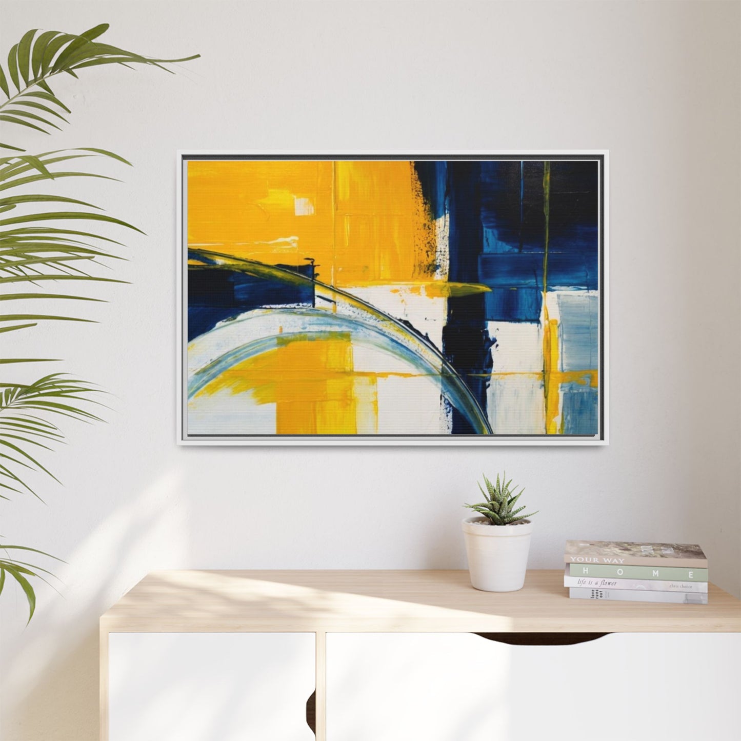 Abstract Yellow & Blue Framed Canvas Wall Art — Modern Matte Canvas Print