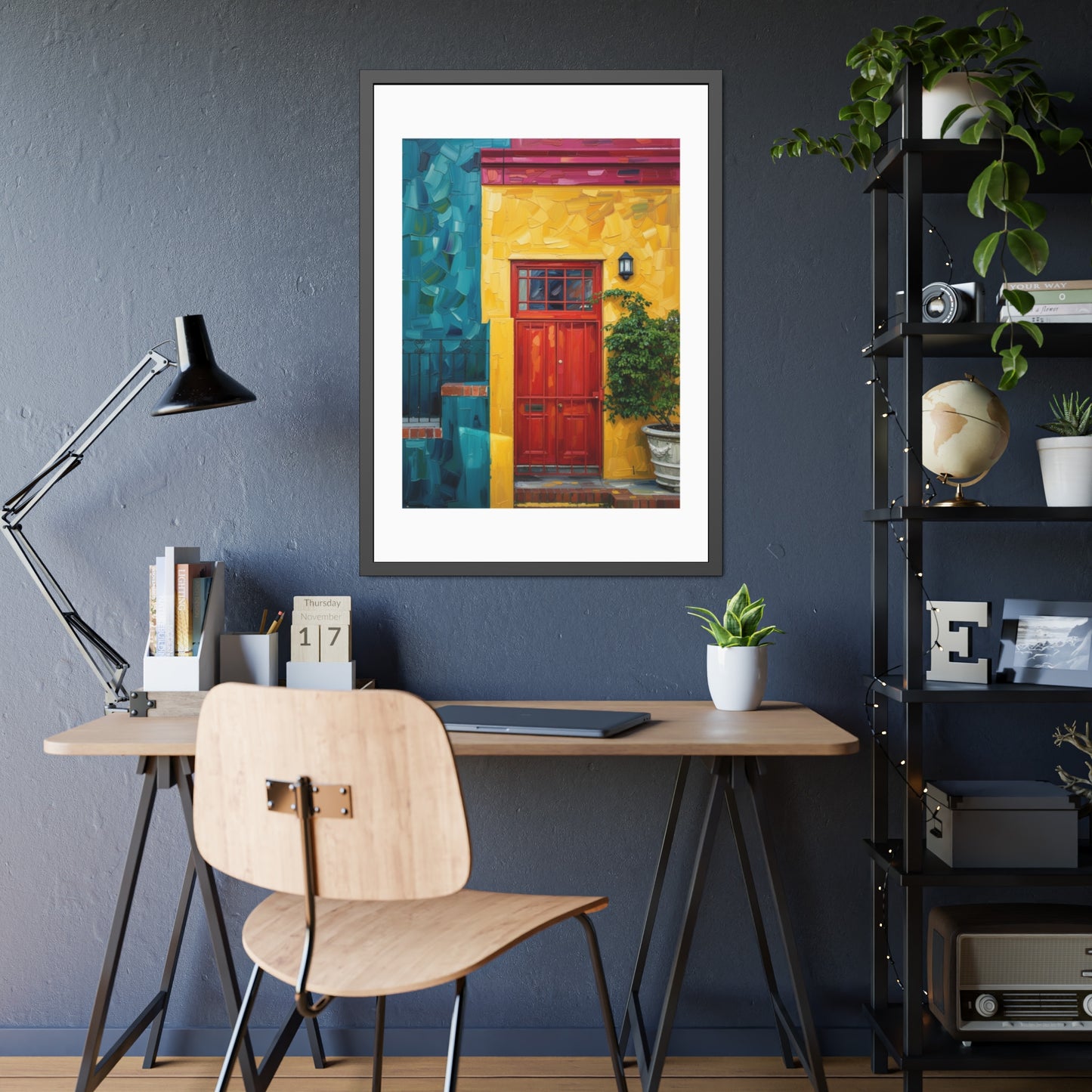 Framed Art Print - Vibrant Red Door Street Scene Poster