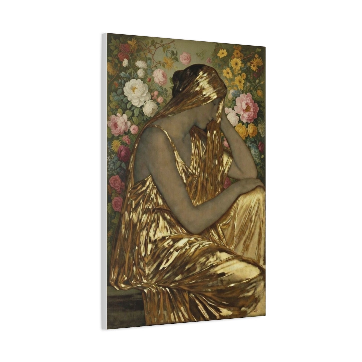 Golden Muse Canvas Print — Woman in Gold Floral Art (Stretched Matte)