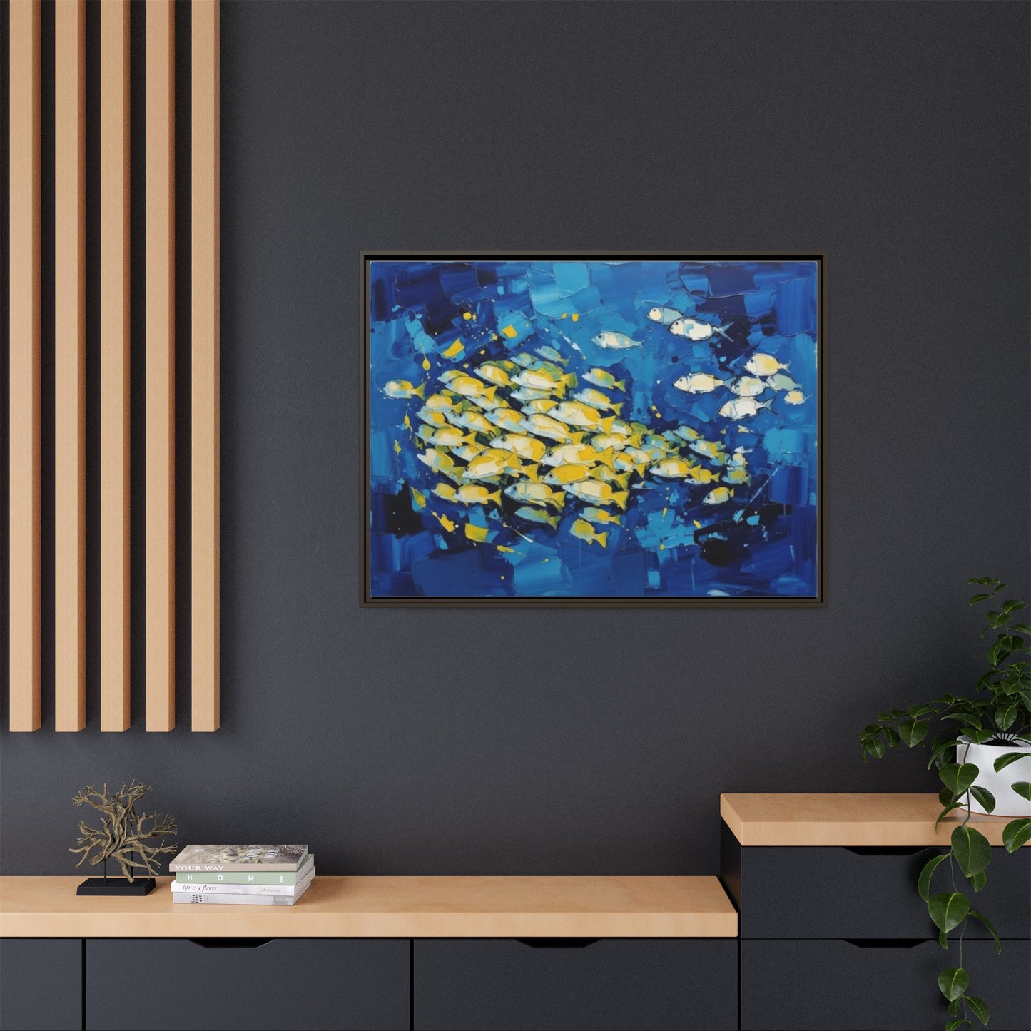 Framed Matte Canvas: Blue School of Fish Wall Art