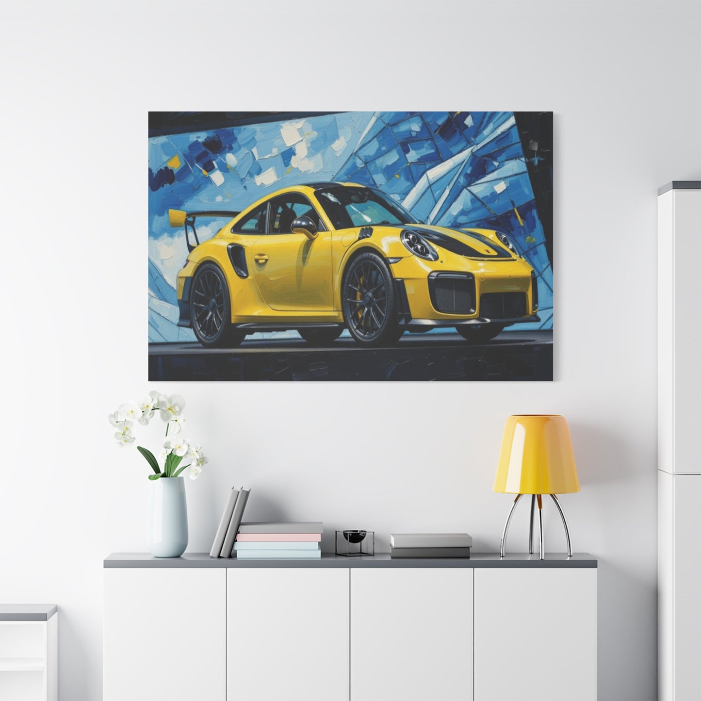 Yellow Porsche Sports Car Canvas Print — Modern Automotive Wall Art