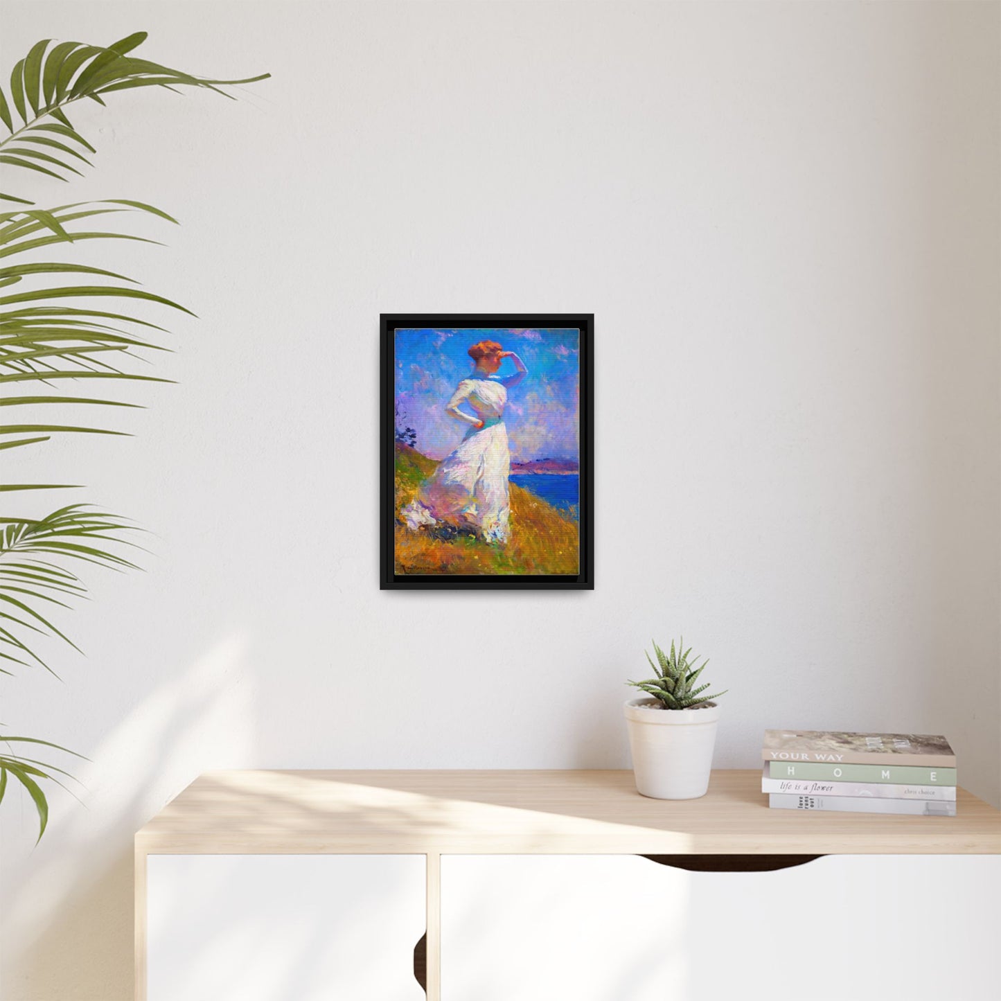 Framed Matte Canvas Art - Woman in White Seaside Impressionist Print