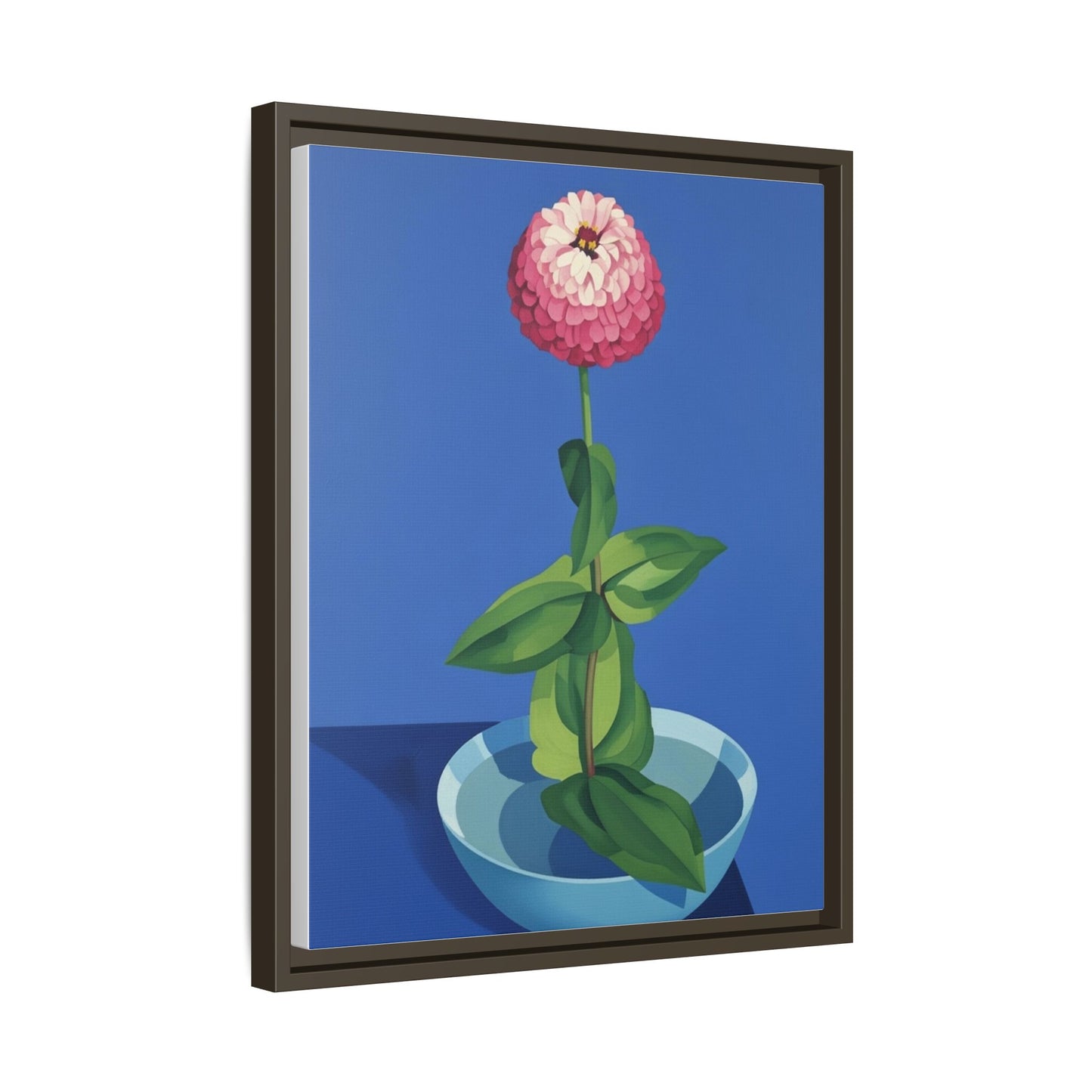 Framed Matte Canvas Art — Pink Zinnia in Blue Bowl (Botanical Still Life)