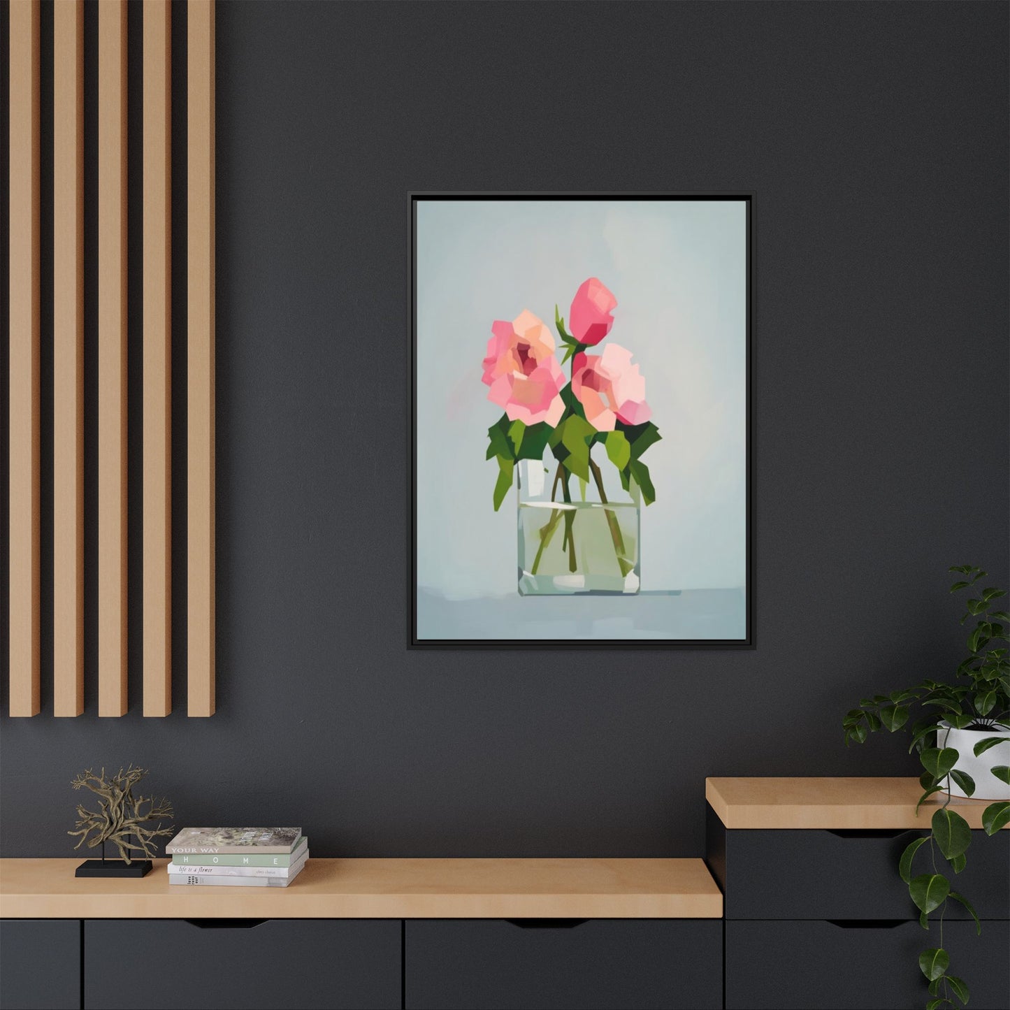Framed Floral Canvas Print — Pink Roses in Glass Vase (Matte)