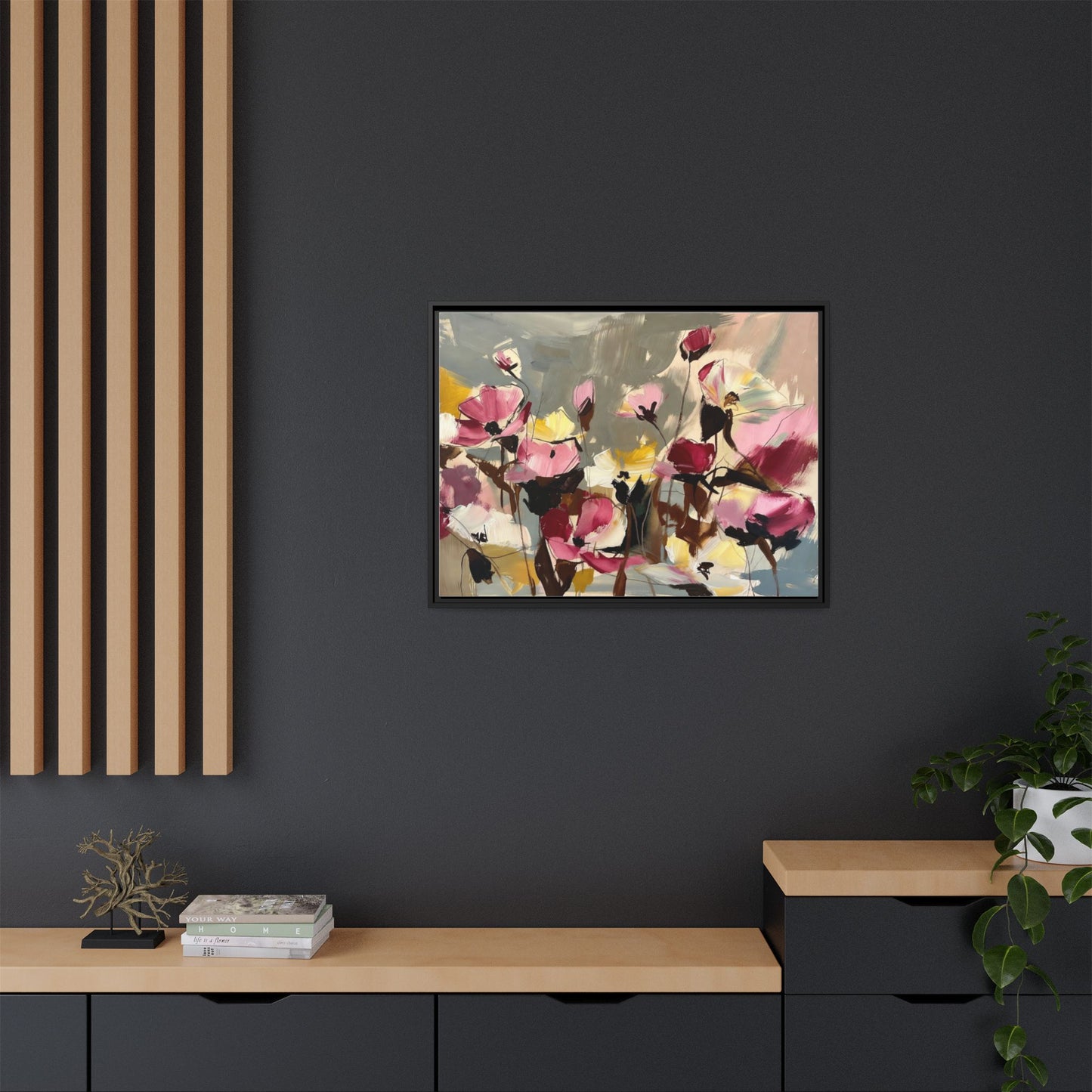 Framed Floral Canvas Wall Art — Abstract Pink & Yellow Flowers
