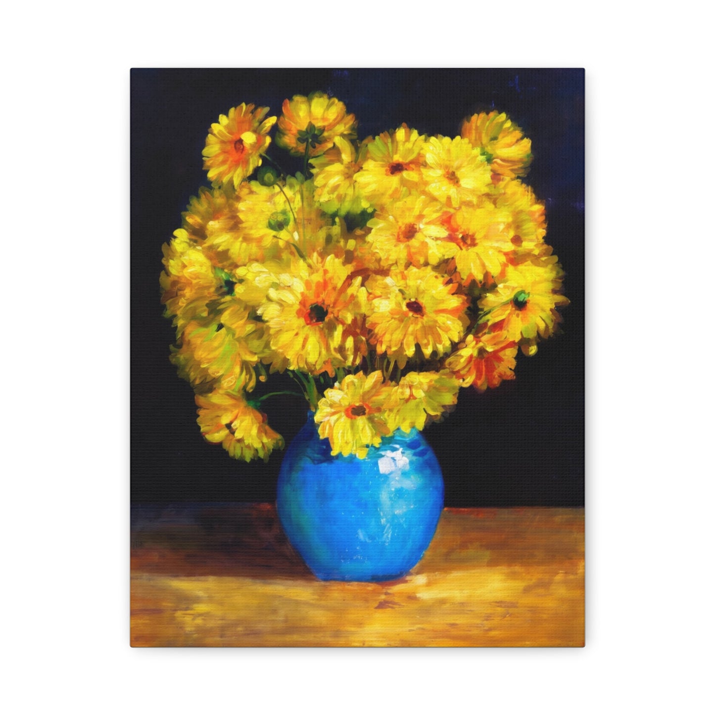 Yellow Chrysanthemum Canvas Wall Art — Blue Vase Floral Painting (Stretched Matte)