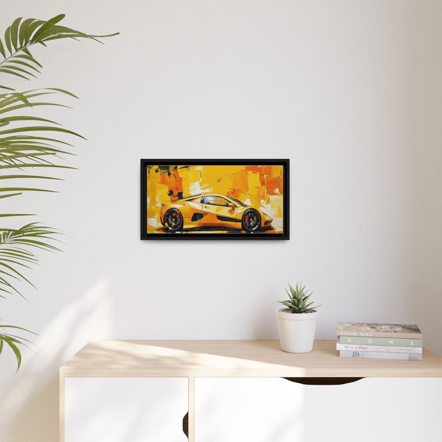 Yellow Sports Car Abstract Matte Canvas Framed Print