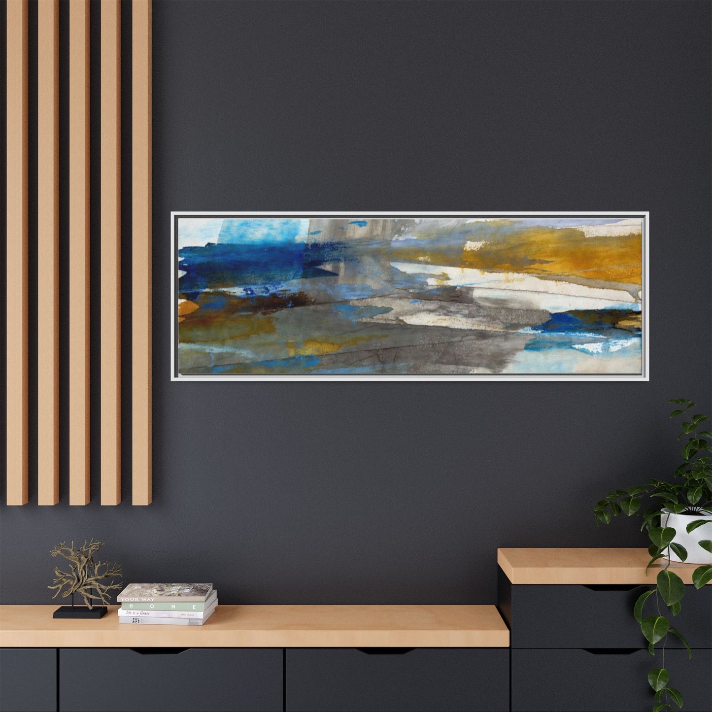 Abstract Blue & Gold Framed Canvas Art — Matte Multi-Color Wall Print