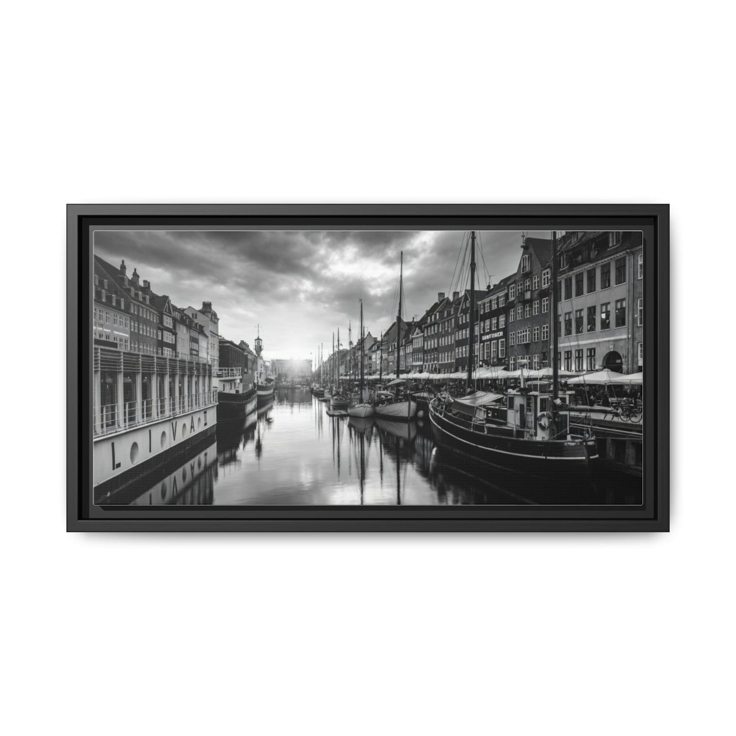 Framed Matte Canvas: Black & White Dutch Canal Photography Wall Art
