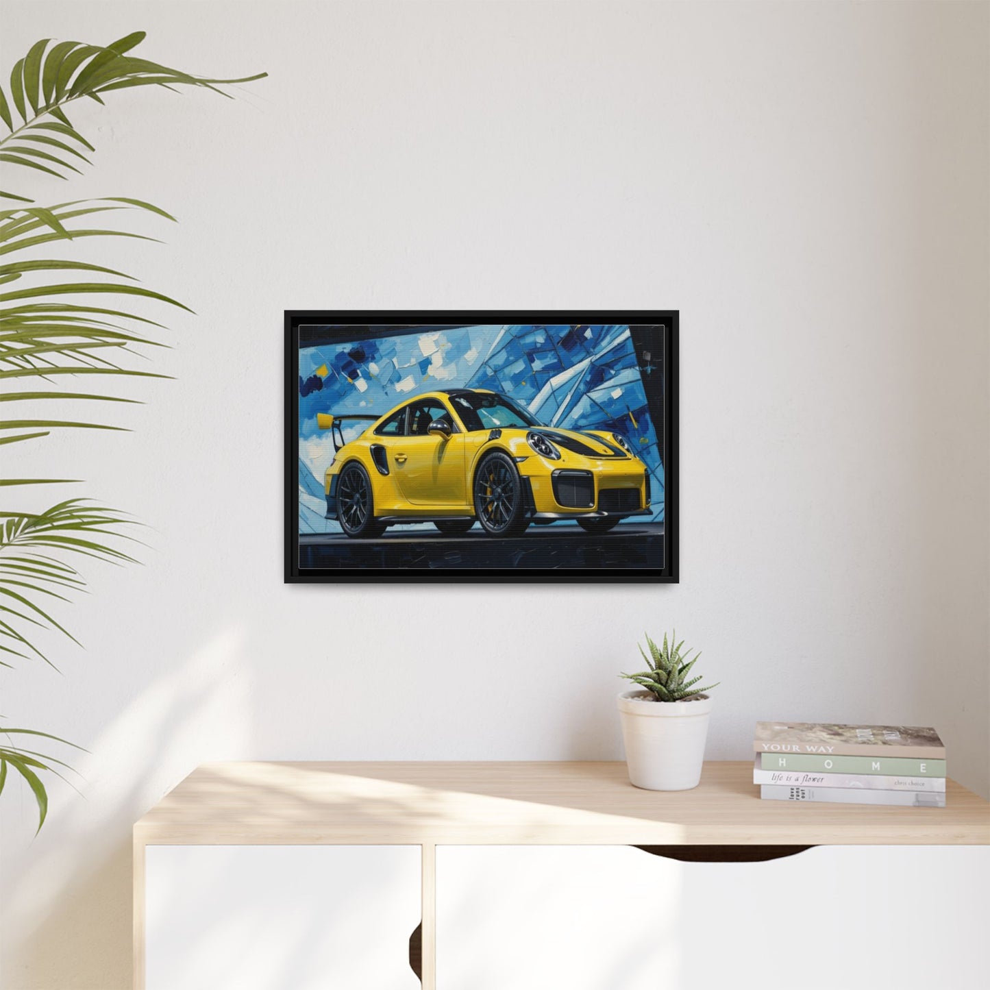 Yellow Porsche Sports Car Matte Framed Canvas – Modern Automotive Wall Art