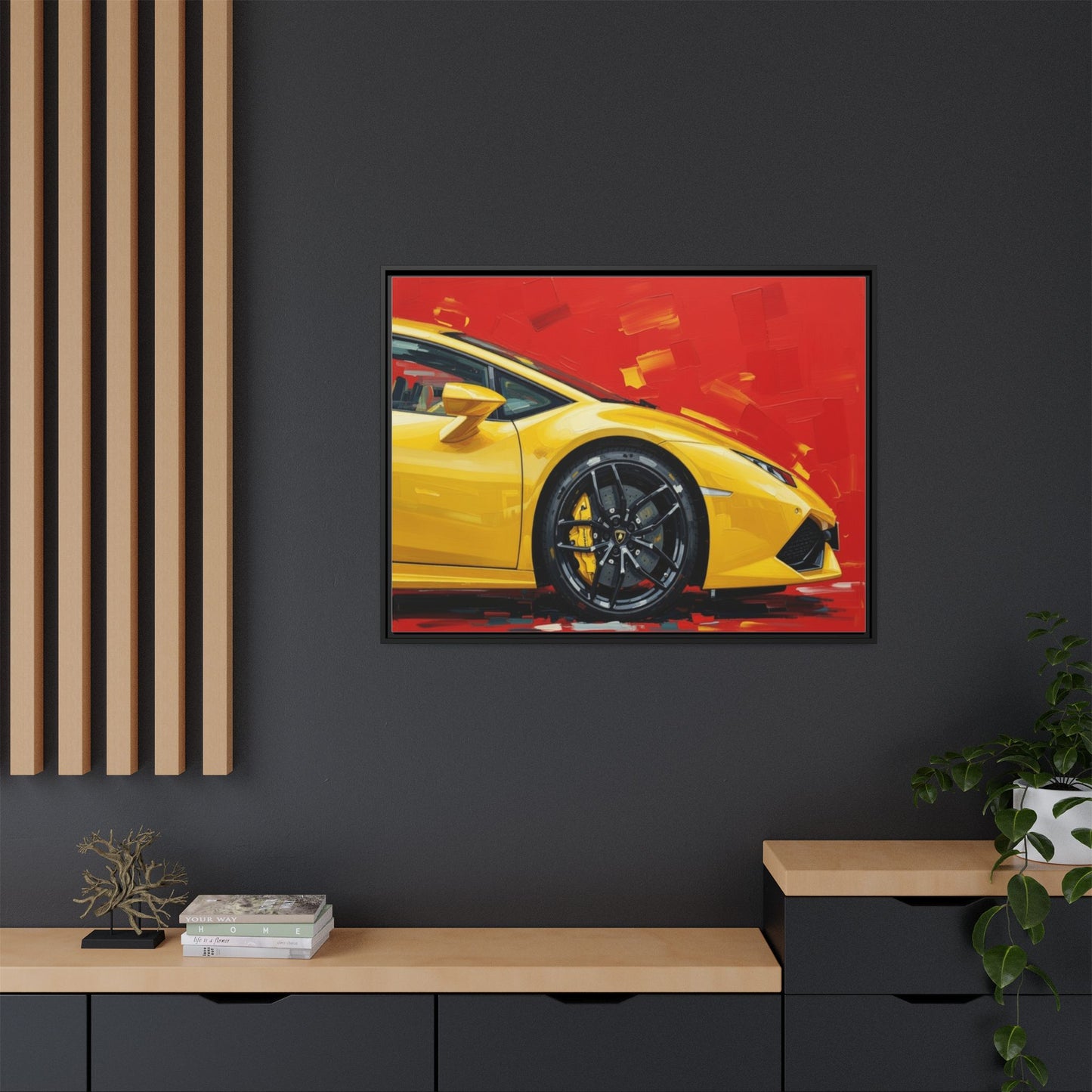 Yellow Sports Car Matte Canvas Print — Framed Automotive Wall Art