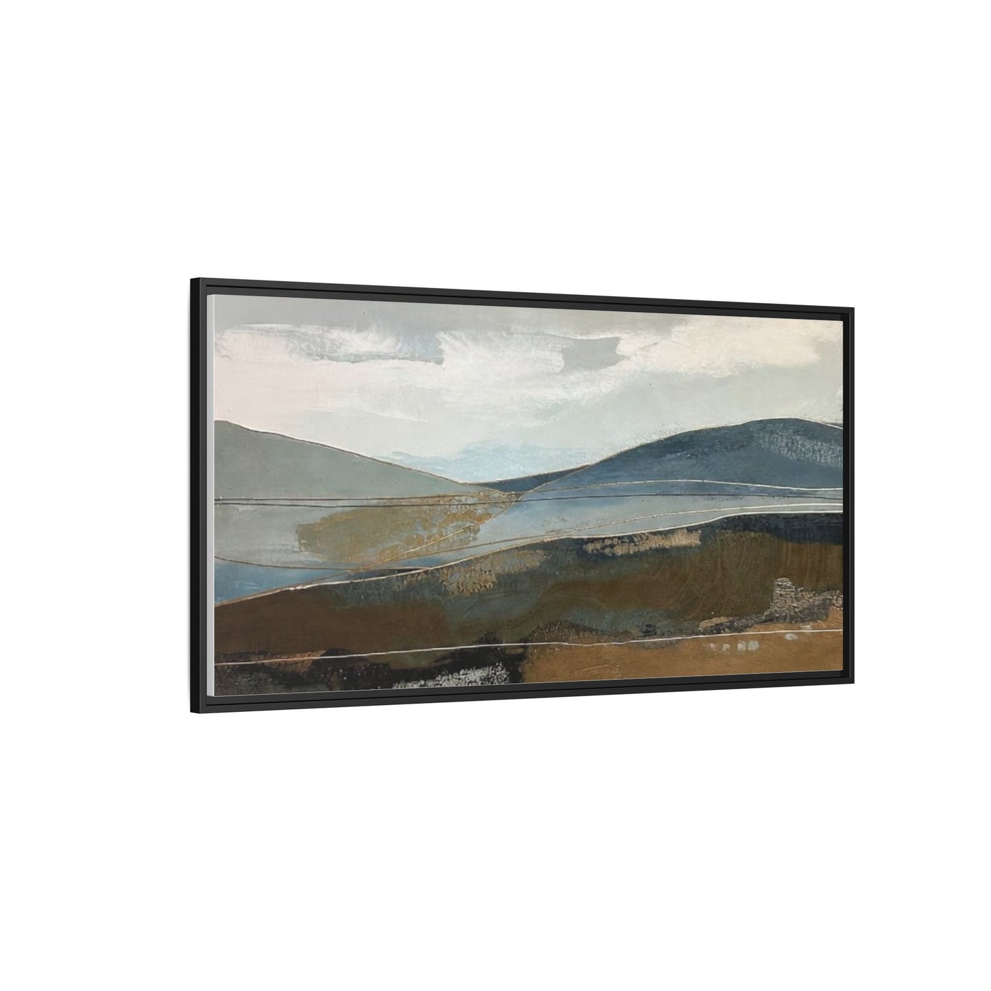 Framed Matte Canvas Landscape Art - Serene Abstract Hills in Blue & Earth Tones