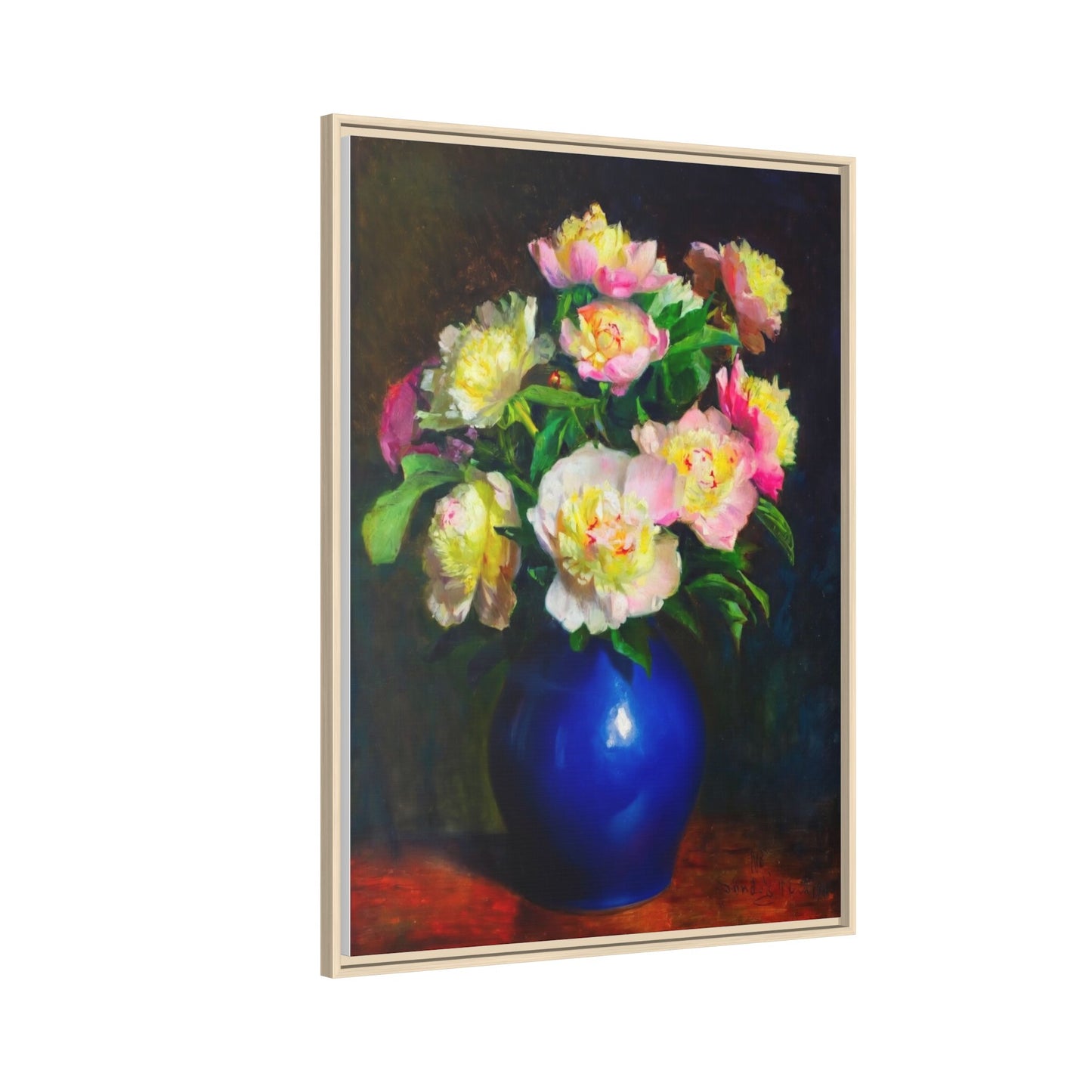 Framed Matte Canvas Wall Art — Vintage Floral Bouquet in Blue Vase