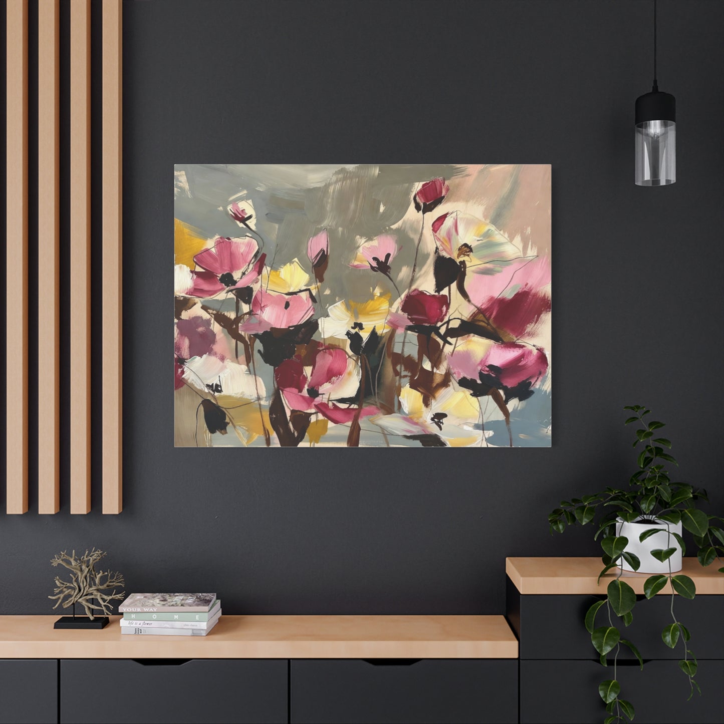 Floral Abstract Canvas Wall Art — Pink & Yellow Bloom Stretched Matte Print
