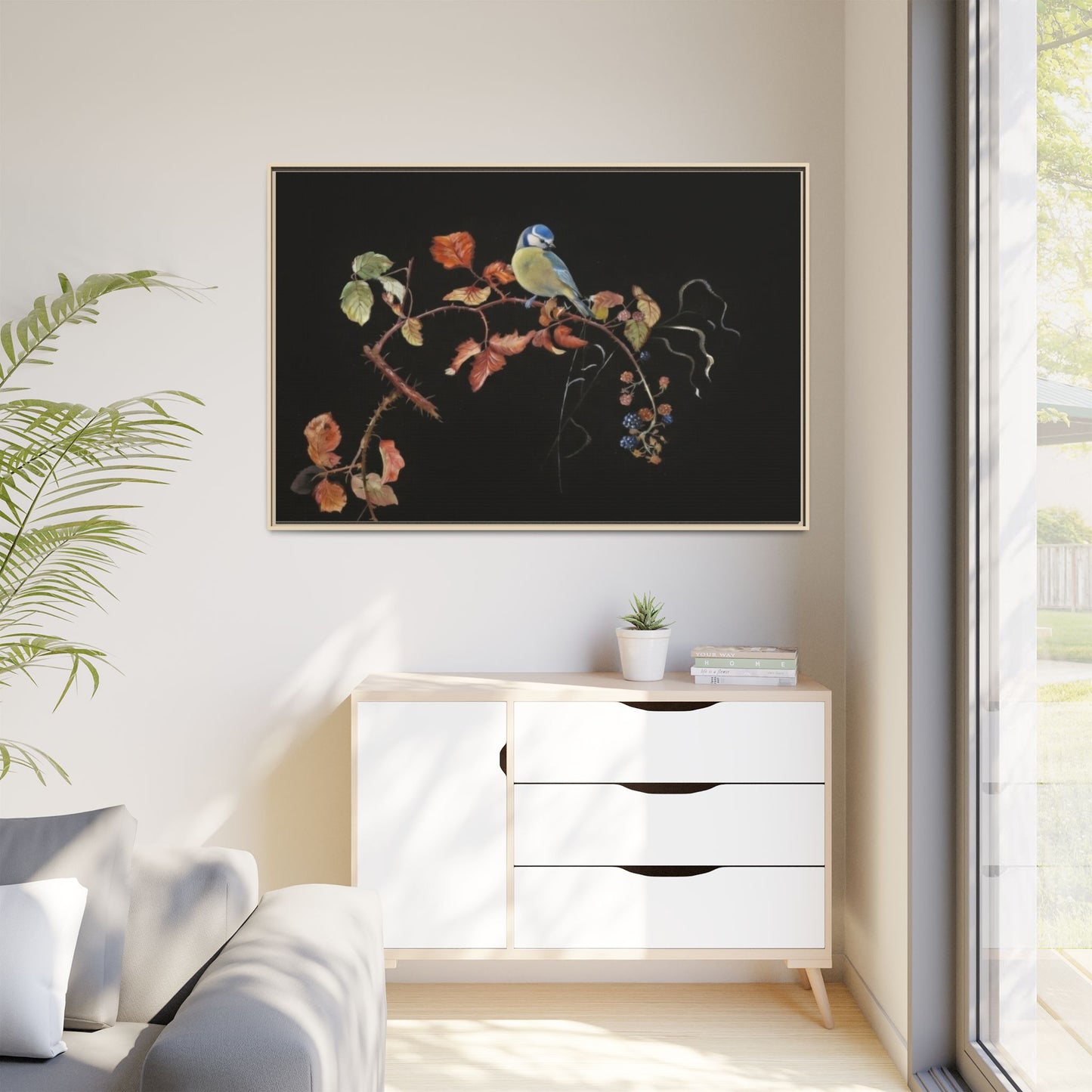 Framed Matte Canvas - Blue Tit on Autumn Branch Wall Art