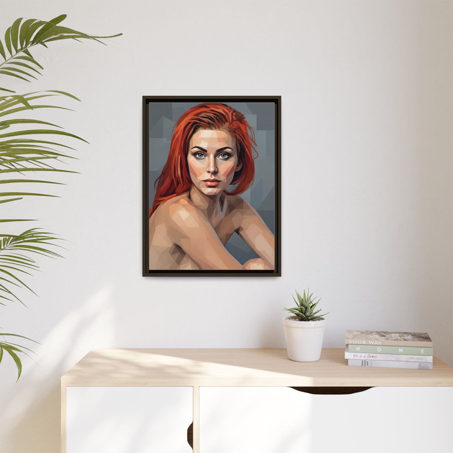 Framed Matte Canvas Portrait — Geometric Redhead Wall Art