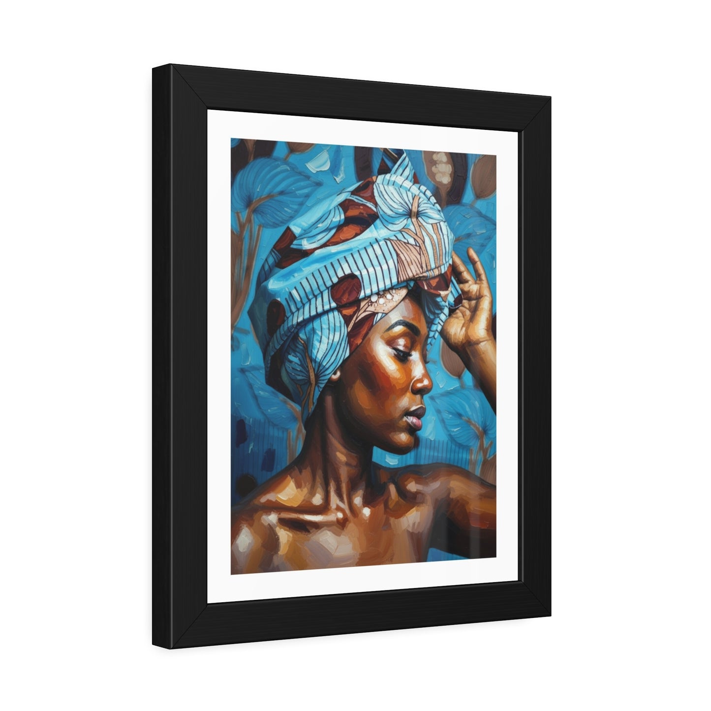 Framed Art Print — Portrait of Woman with Blue Headwrap (Gallery Wall Decor)