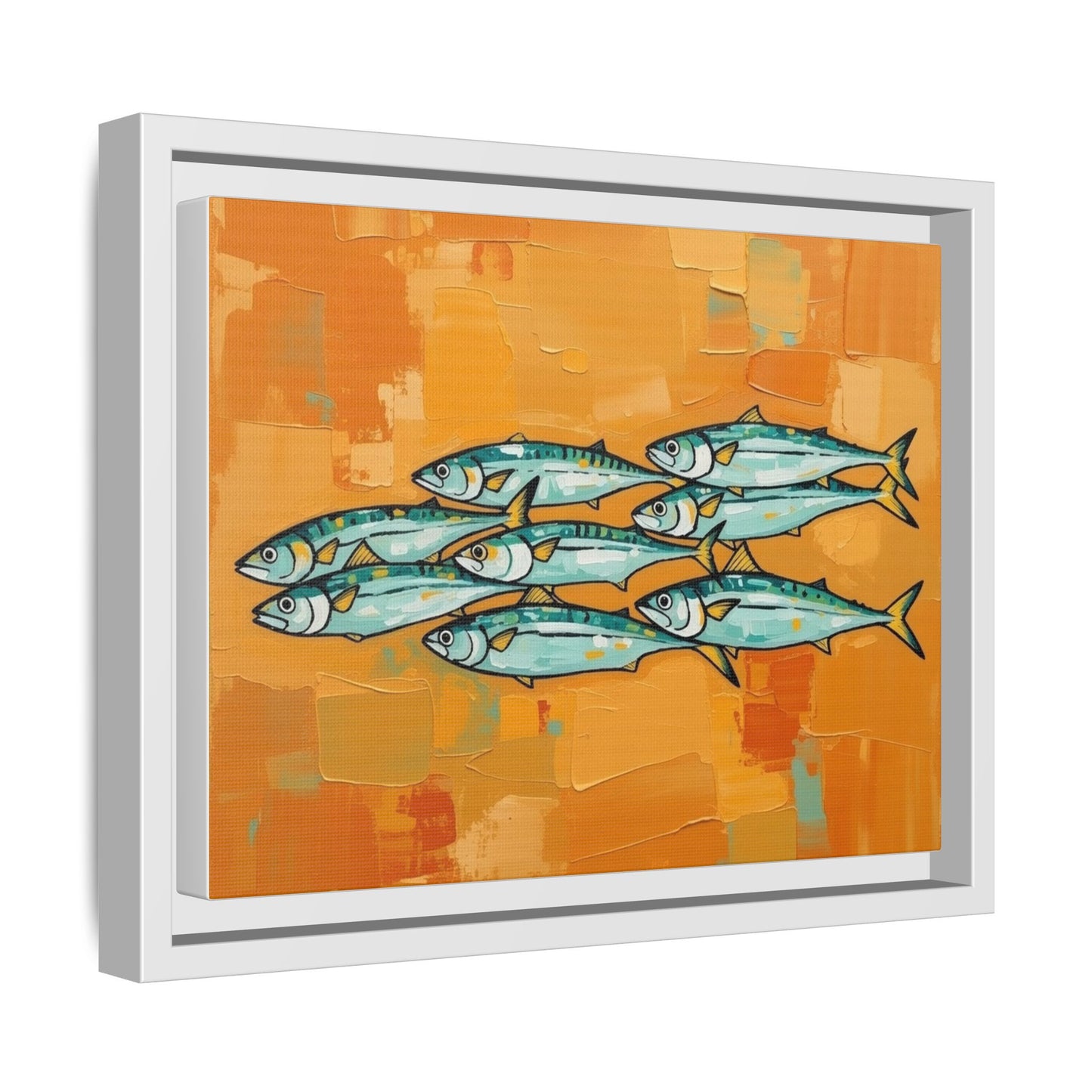 Framed Matte Canvas Print — School of Blue Fish on Orange Abstract Background