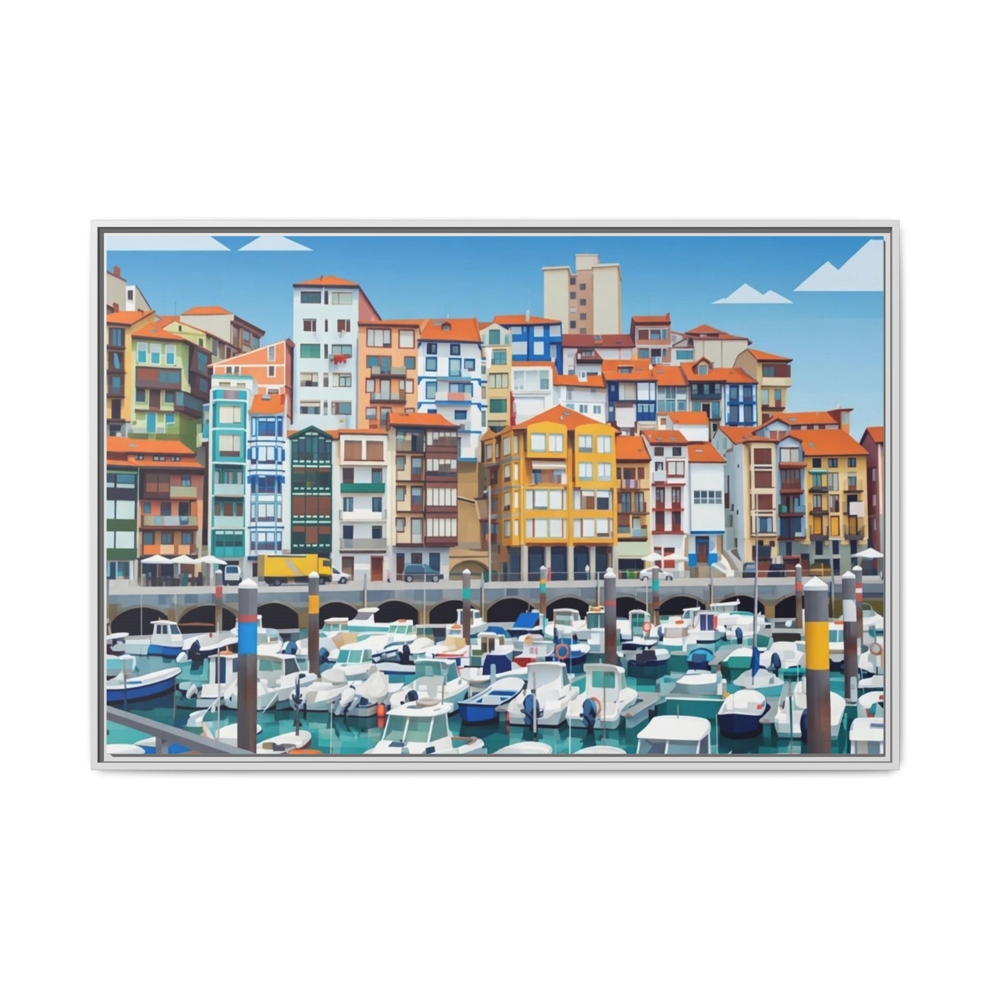 Framed Matte Canvas Print — Colorful Mediterranean Harbor Illustration