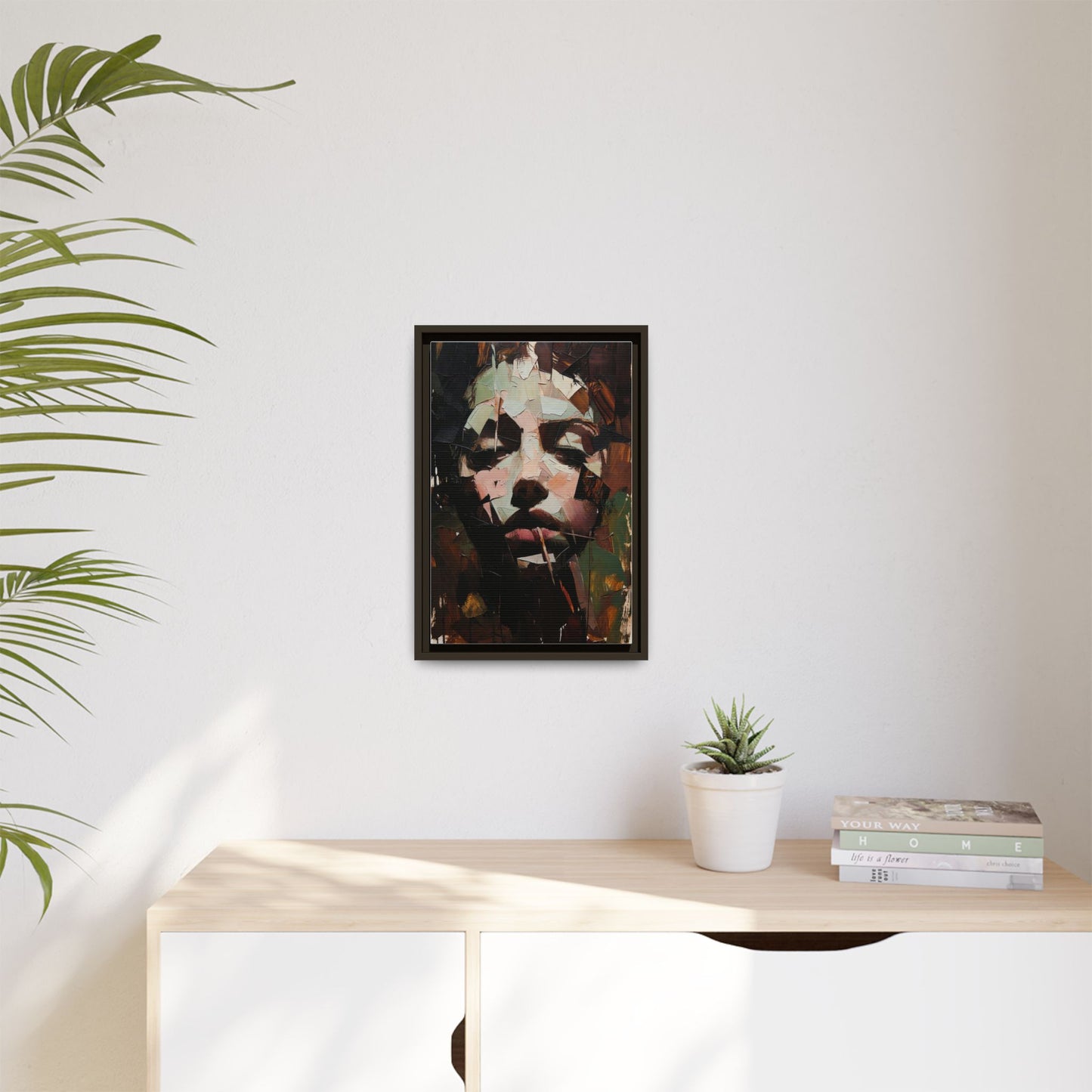 Matte Framed Canvas Art — Abstract Female Portrait, Moody Multicolor