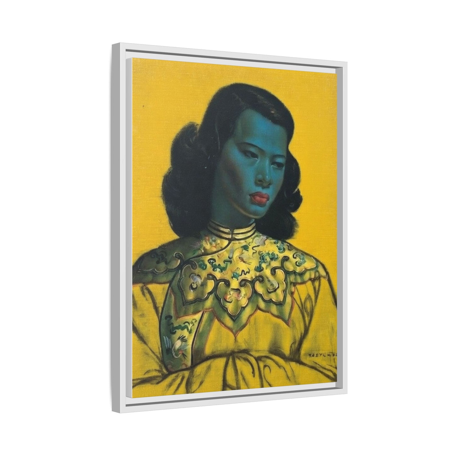 Framed Matte Canvas Art Print — Vintage Portrait with Yellow Background