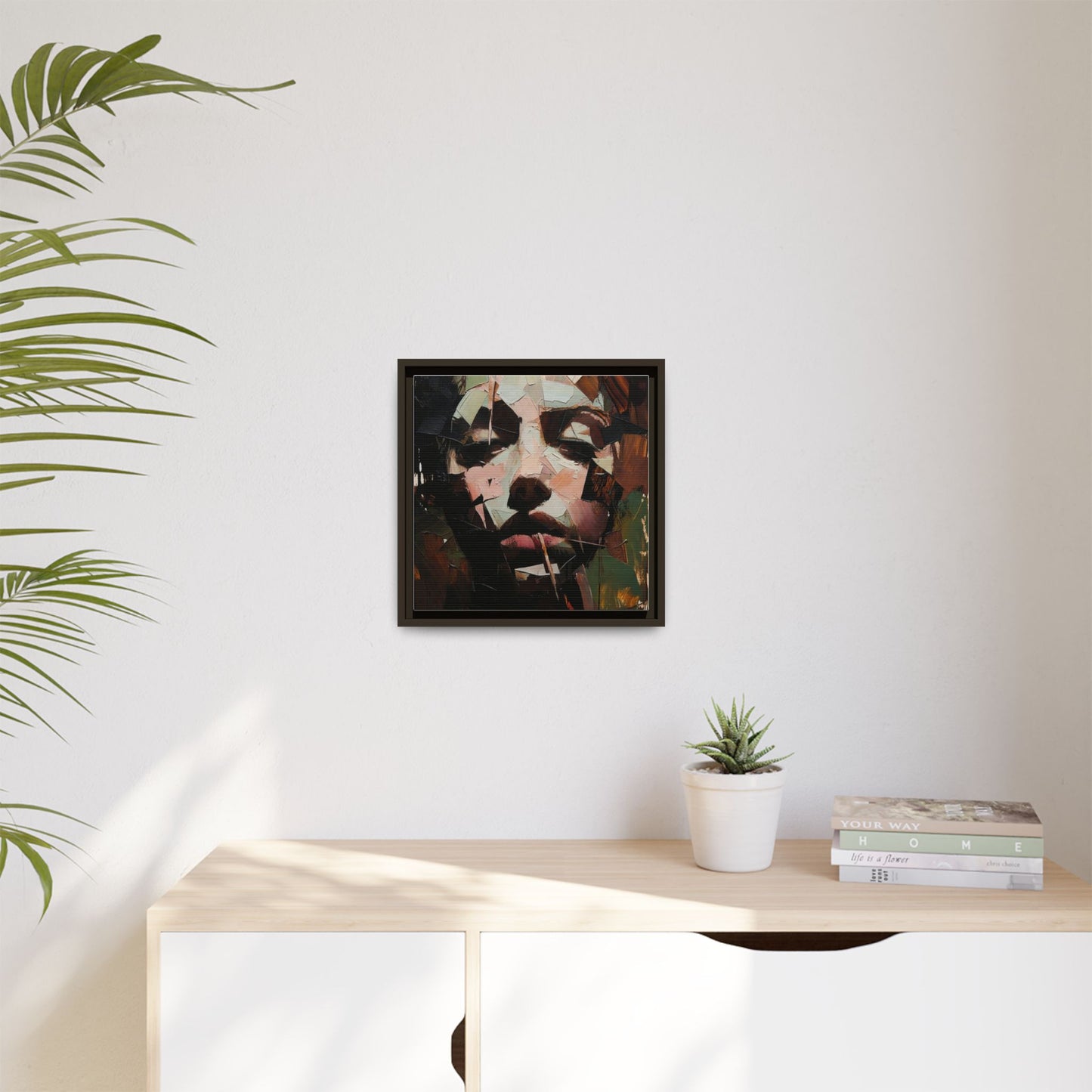 Matte Framed Canvas Art — Abstract Female Portrait, Moody Multicolor