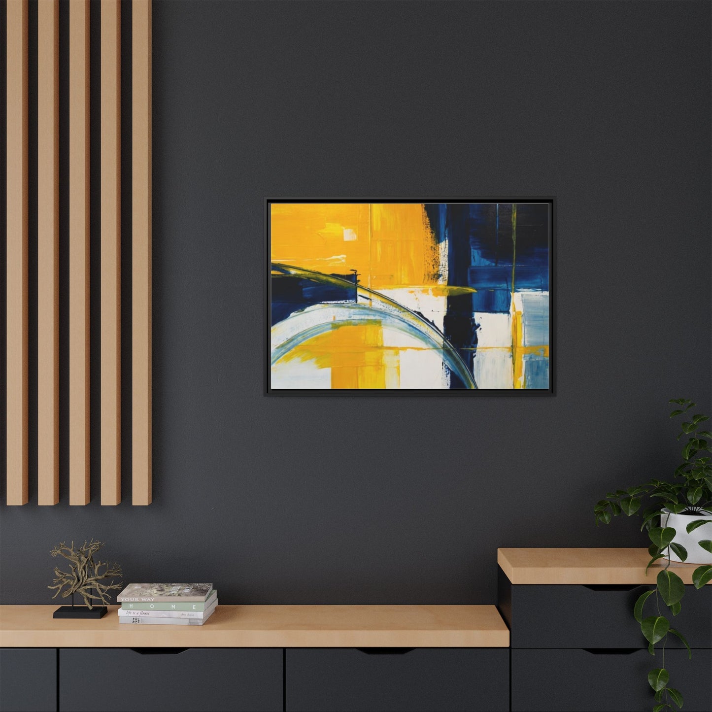 Abstract Yellow & Blue Framed Canvas Wall Art — Modern Matte Canvas Print