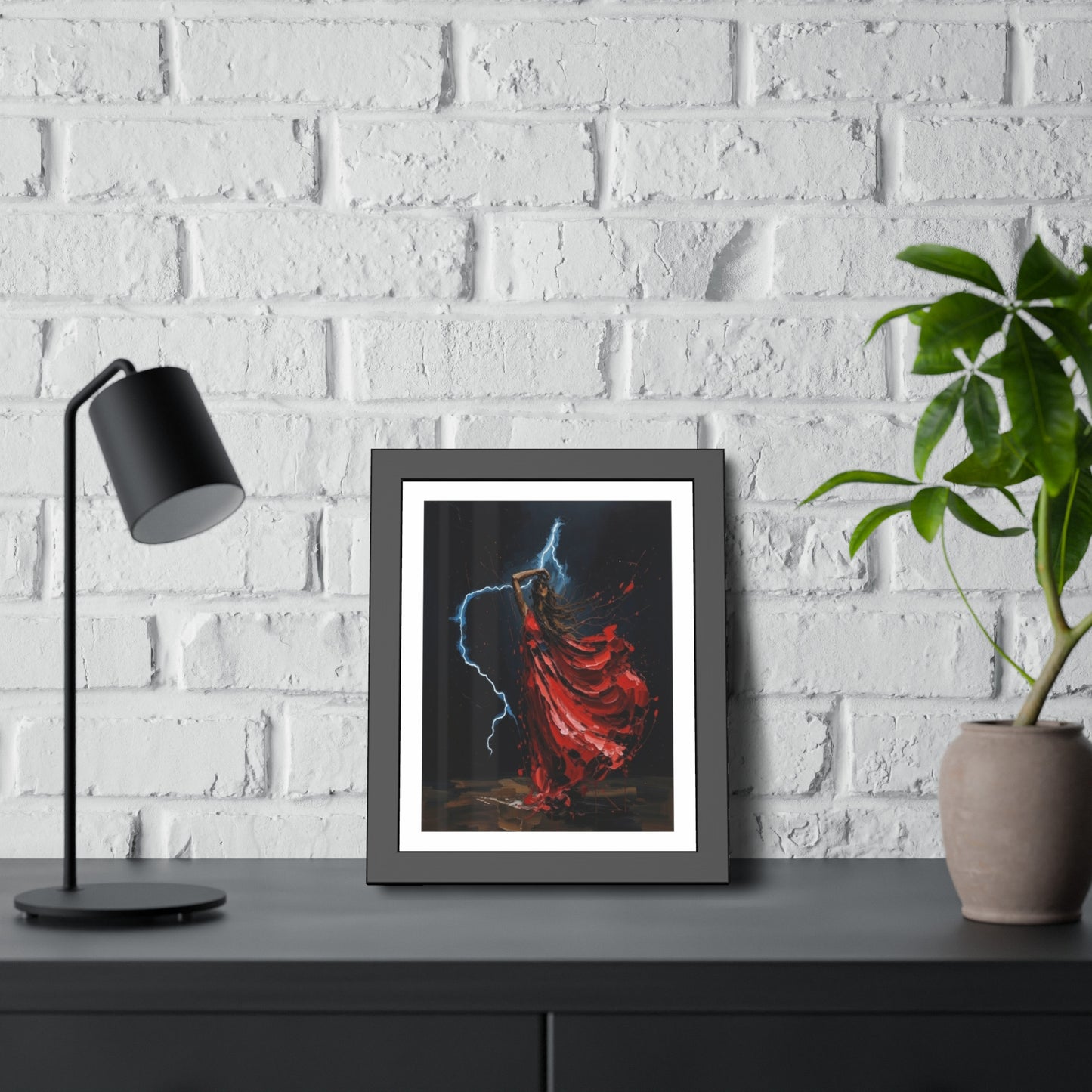 Framed Poster — Red-Dressed Dancer with Lightning Art Print