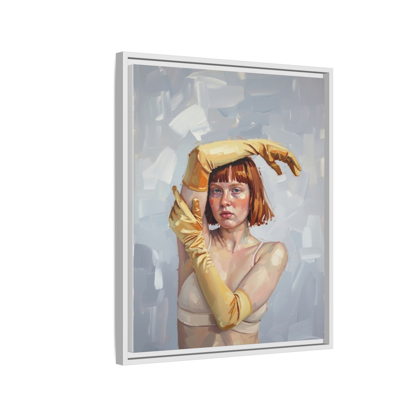 Contemporary Portrait Canvas Print — Woman with Yellow Gloves (Framed Matte)