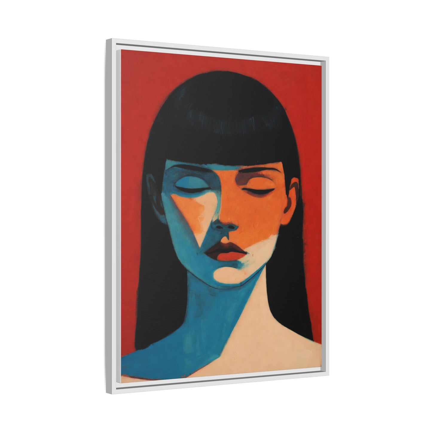 Framed Matte Canvas Art – Minimalist Portrait in Red & Teal