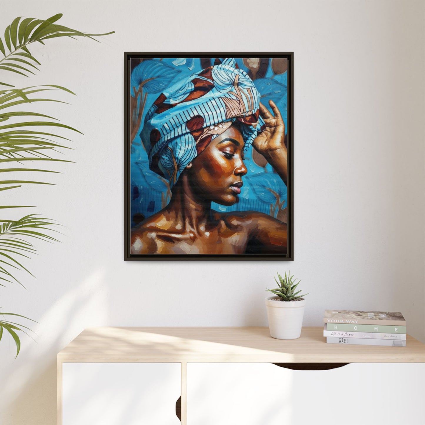 Framed Canvas Art — Portrait of Woman in Blue Headwrap