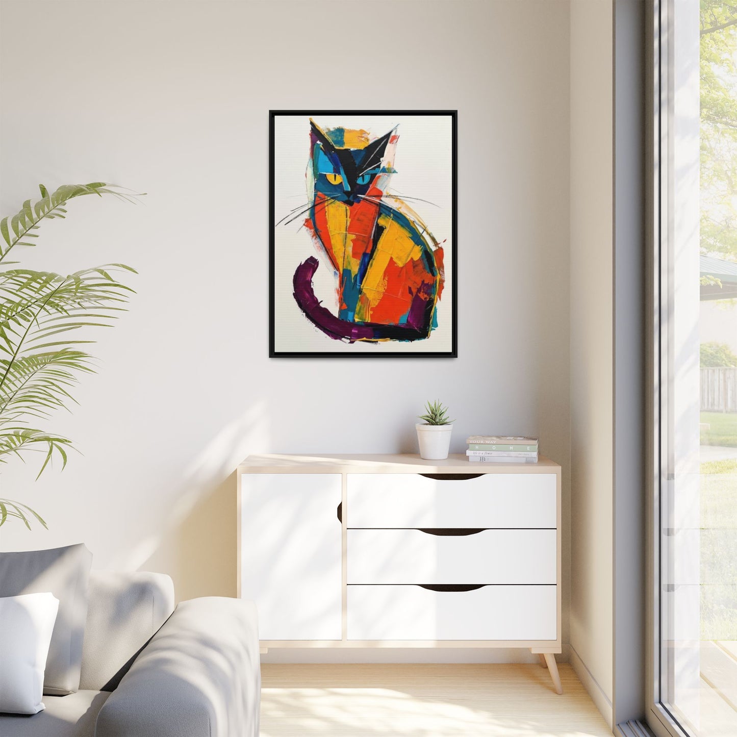 Colorful Abstract Cat Framed Canvas — Modern Matte Wall Art