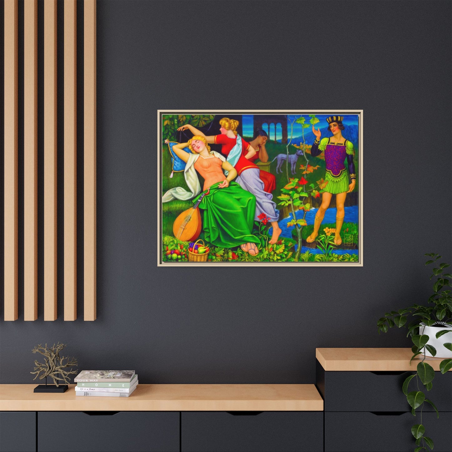 Framed Matte Canvas Art — Colorful Mythic Garden Scene