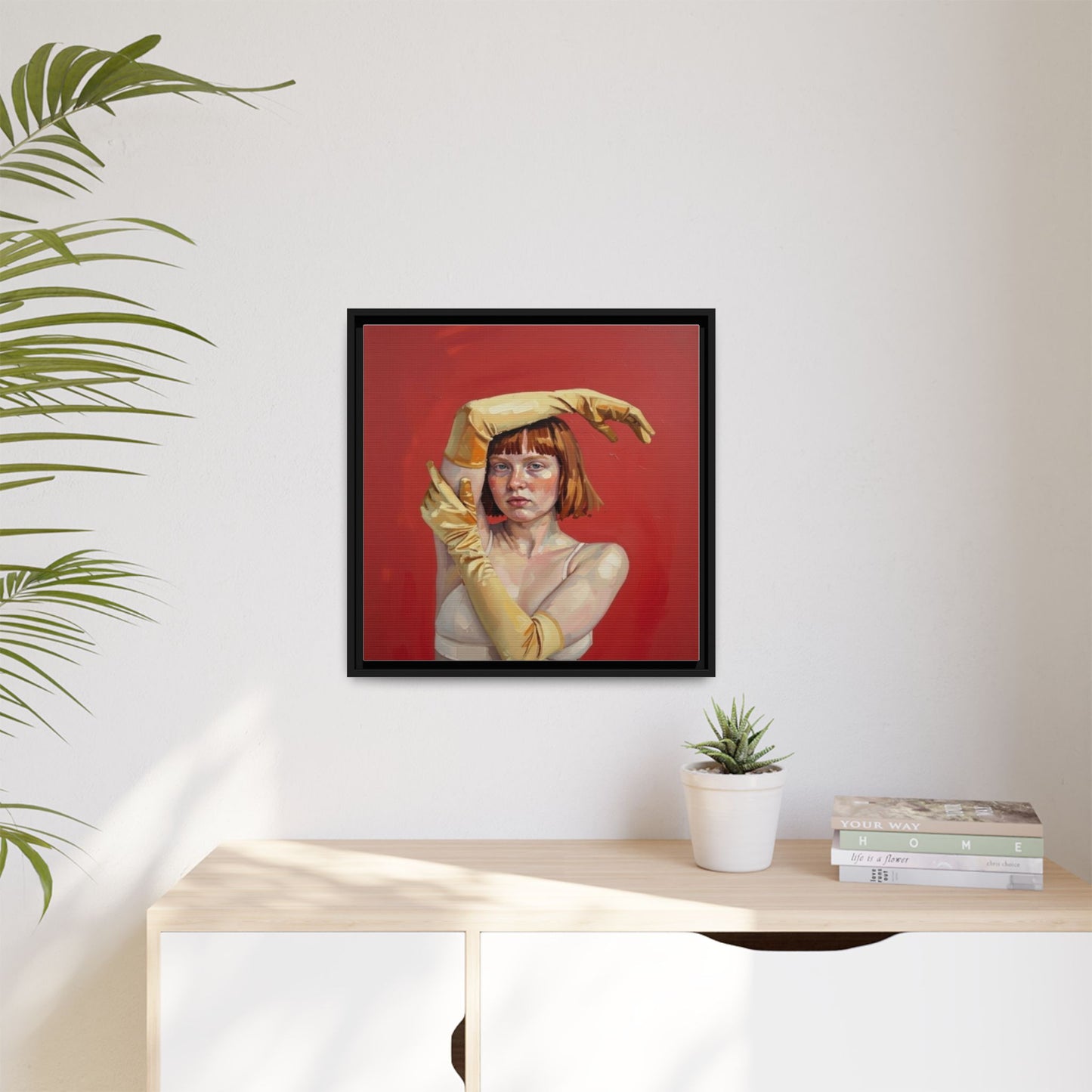 Framed Matte Canvas Art - Portrait of Woman in Yellow Gloves (Red Background)
